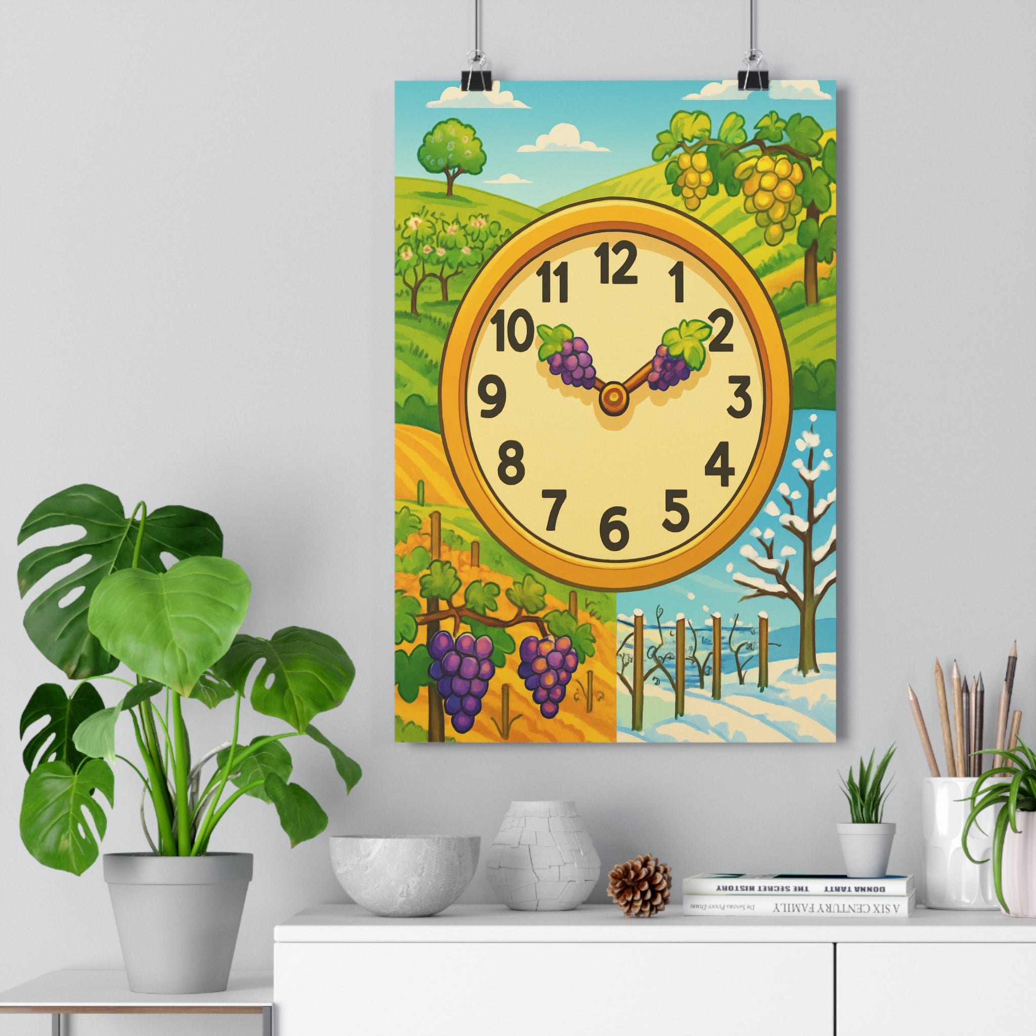 Poster décoratif symbolique coloré dynamique salon cuisine saison vignoble nature horloge mur format 30x46