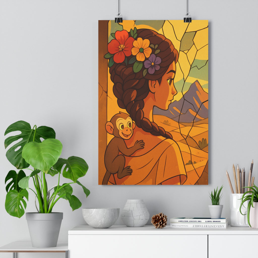 Poster décoratif femme tresse fleurs singe anime surréaliste couleurs chaudes salon chambre artistique 30