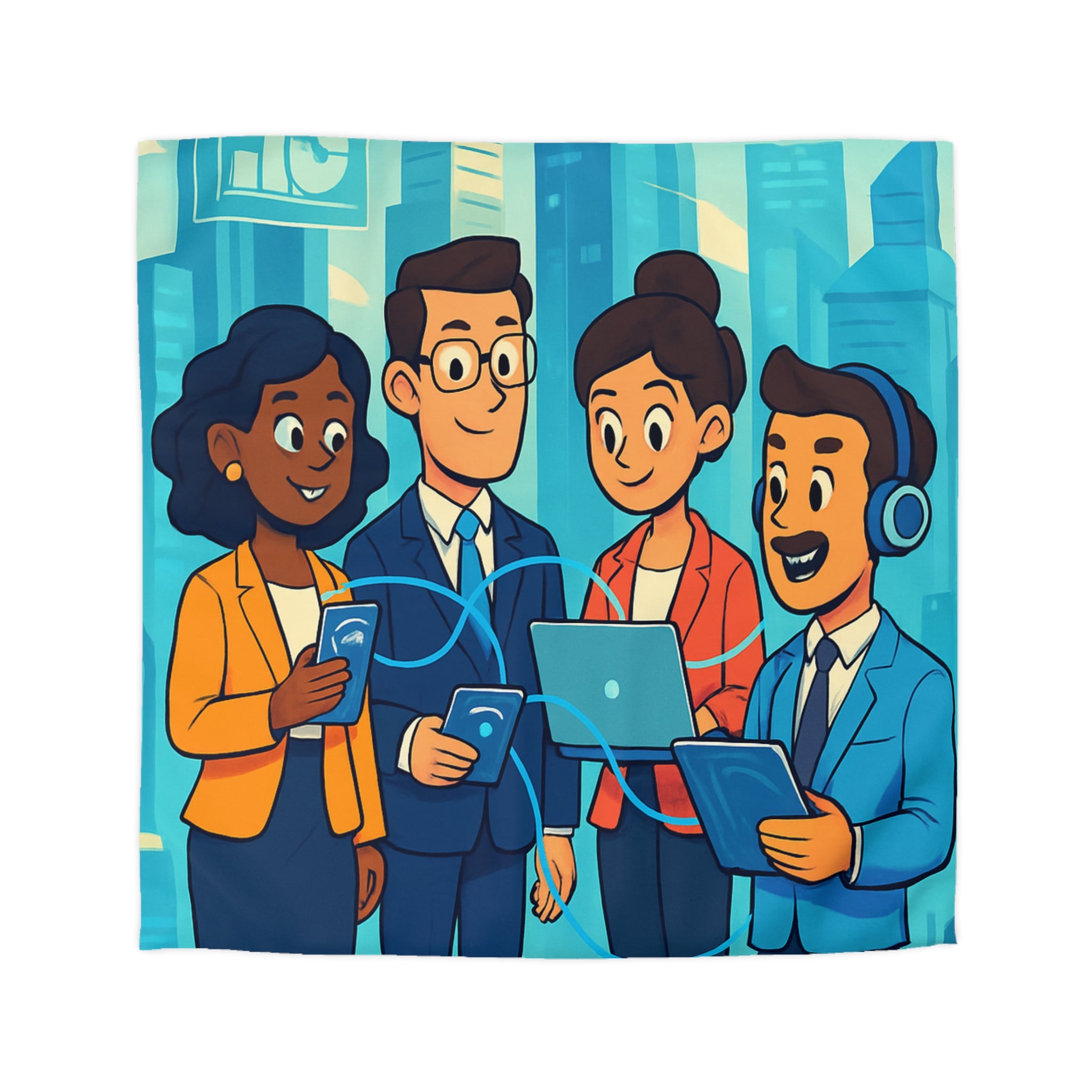 Housse de couette moderne illustrant équipe collaborative en milieu urbain technologique