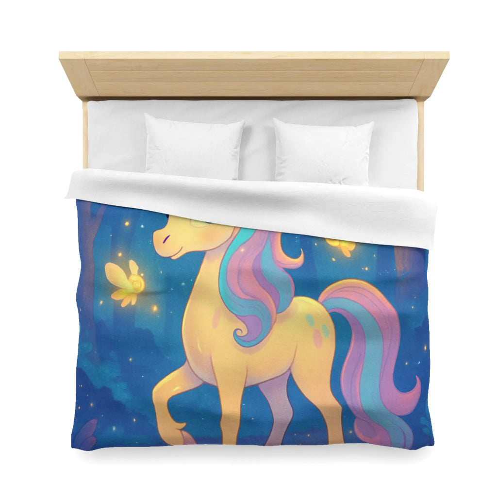 Housse de couette avec licorne féerique et lucioles dans une forêt enchantée