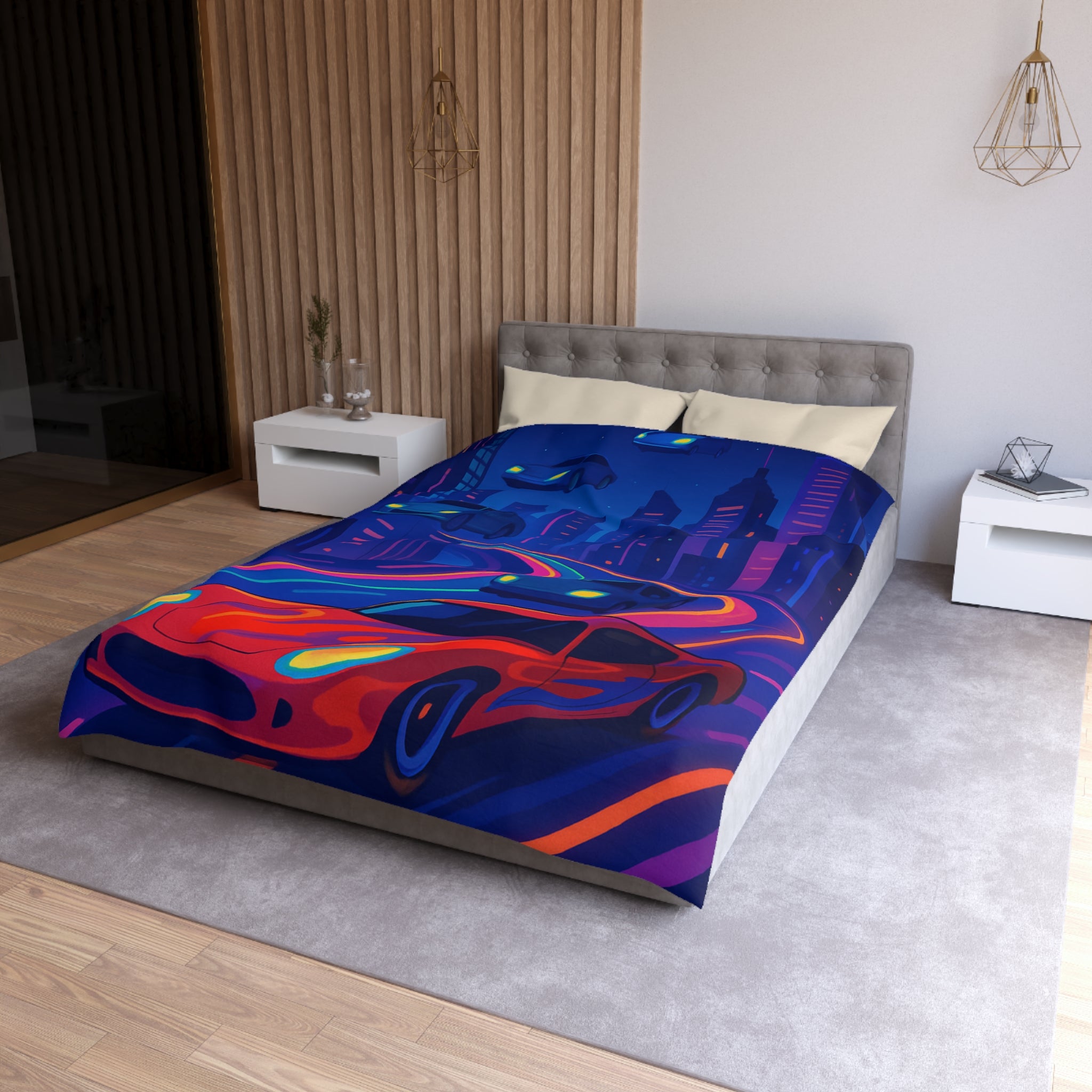 Housse de Couette Ville Futuriste avec Voiture Rouge et Lumières Néon