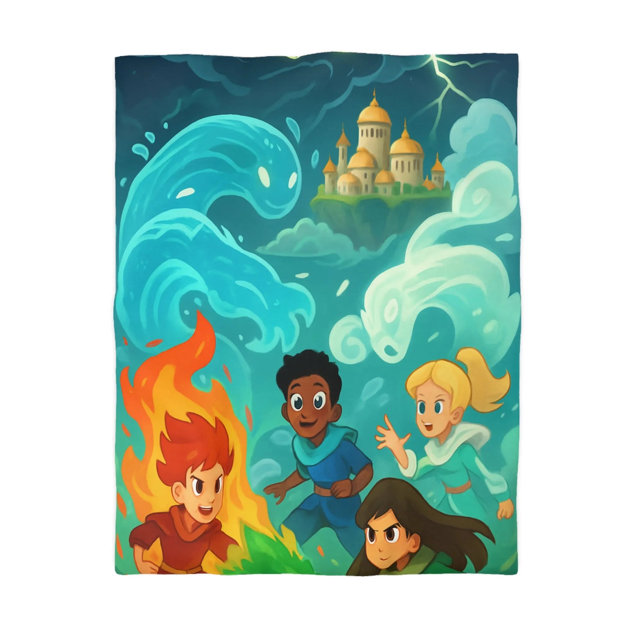 Housse de couette avec illustration de jeunes héros des éléments devant un château magique