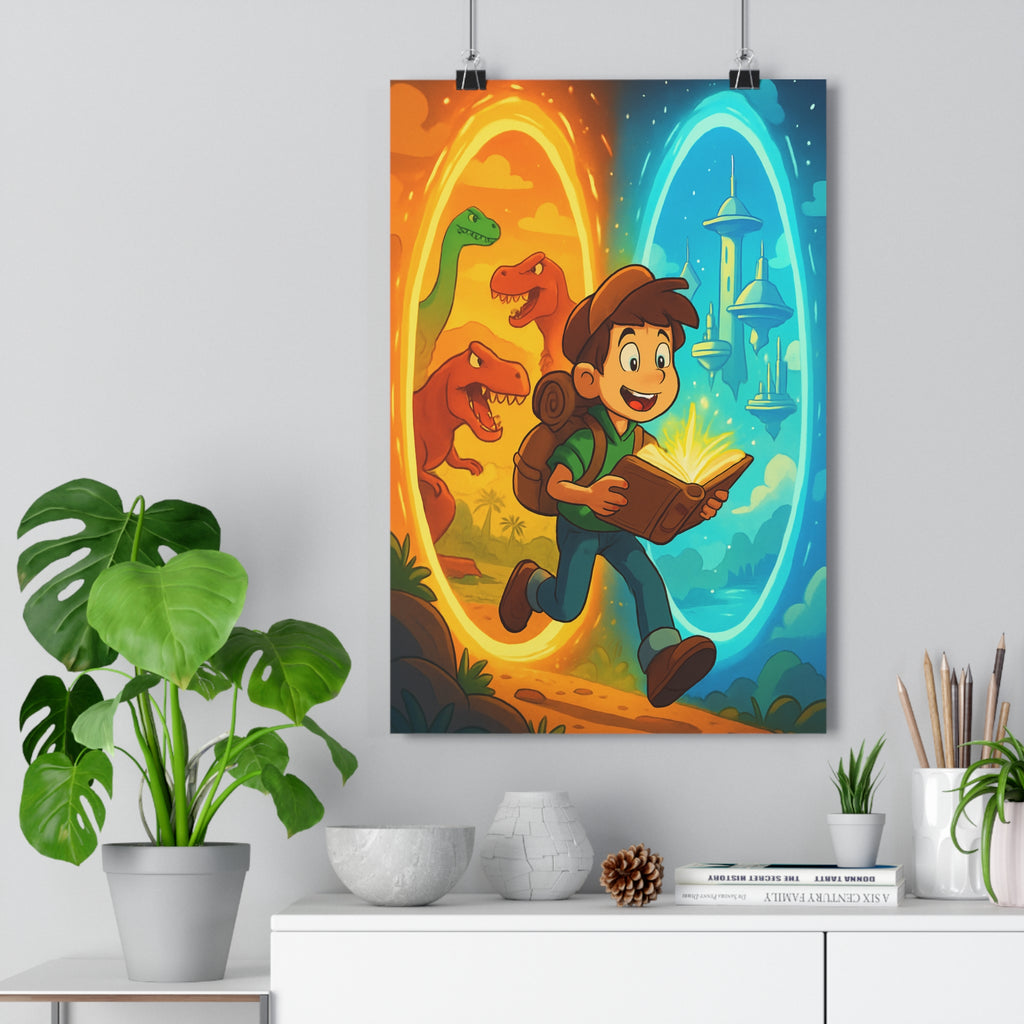 Poster décoratif aventure enfant chambre dinosaures futur exploration magique couleurs vives 30x46 cm qualité