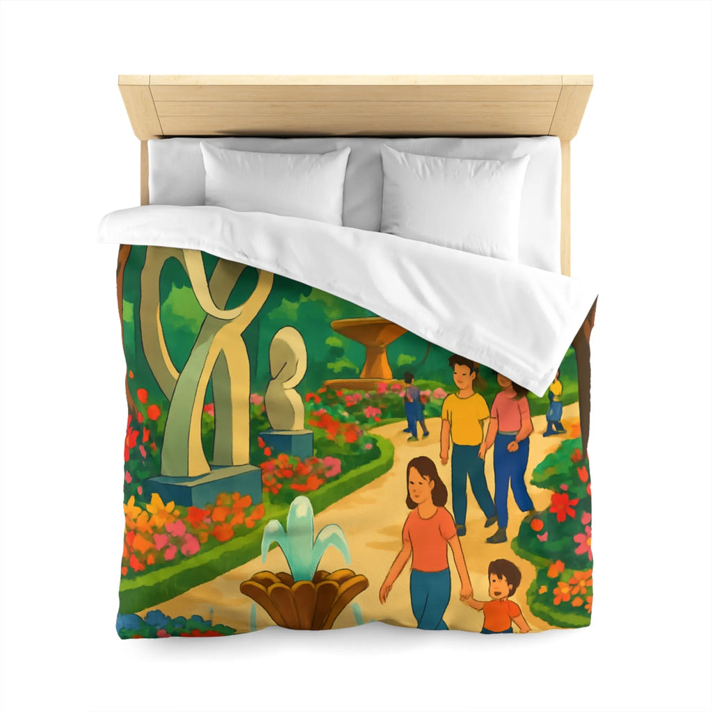 Housse de Couette Colorée Illustrant un Jardin avec Oiseaux et Familles en Promenade