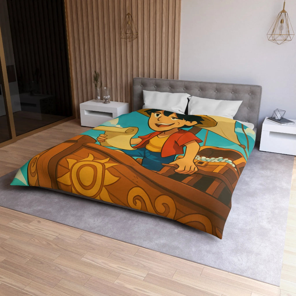 Douce housse de couette enfant motif pirate joyeux en bateau sur vagues bleues