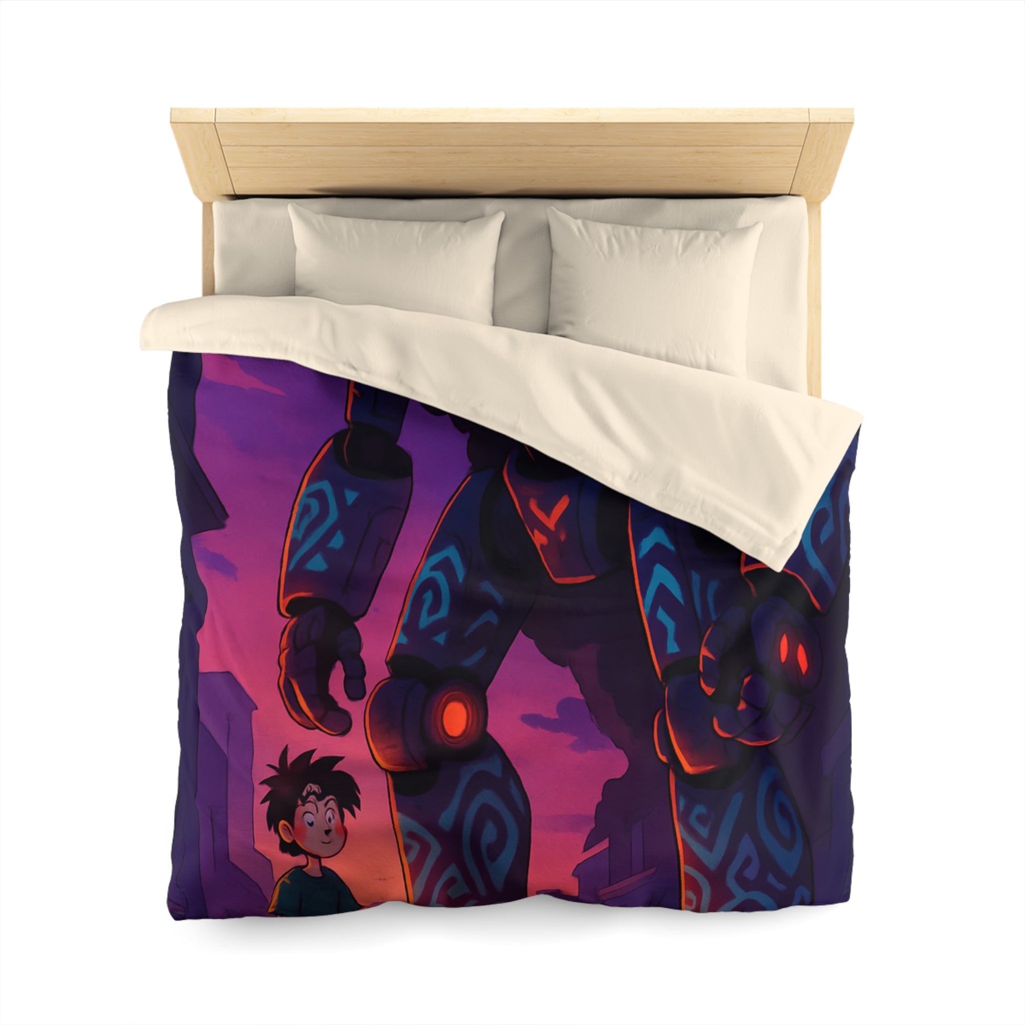 Housse de couette robot géant bleu lumineux, décor urbain vibrant et enfant émerveillé