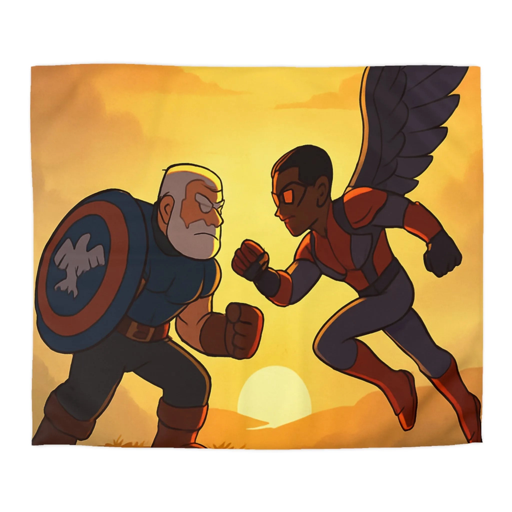 Housse de couette épique avec scène de combat héroïque au coucher du soleil
