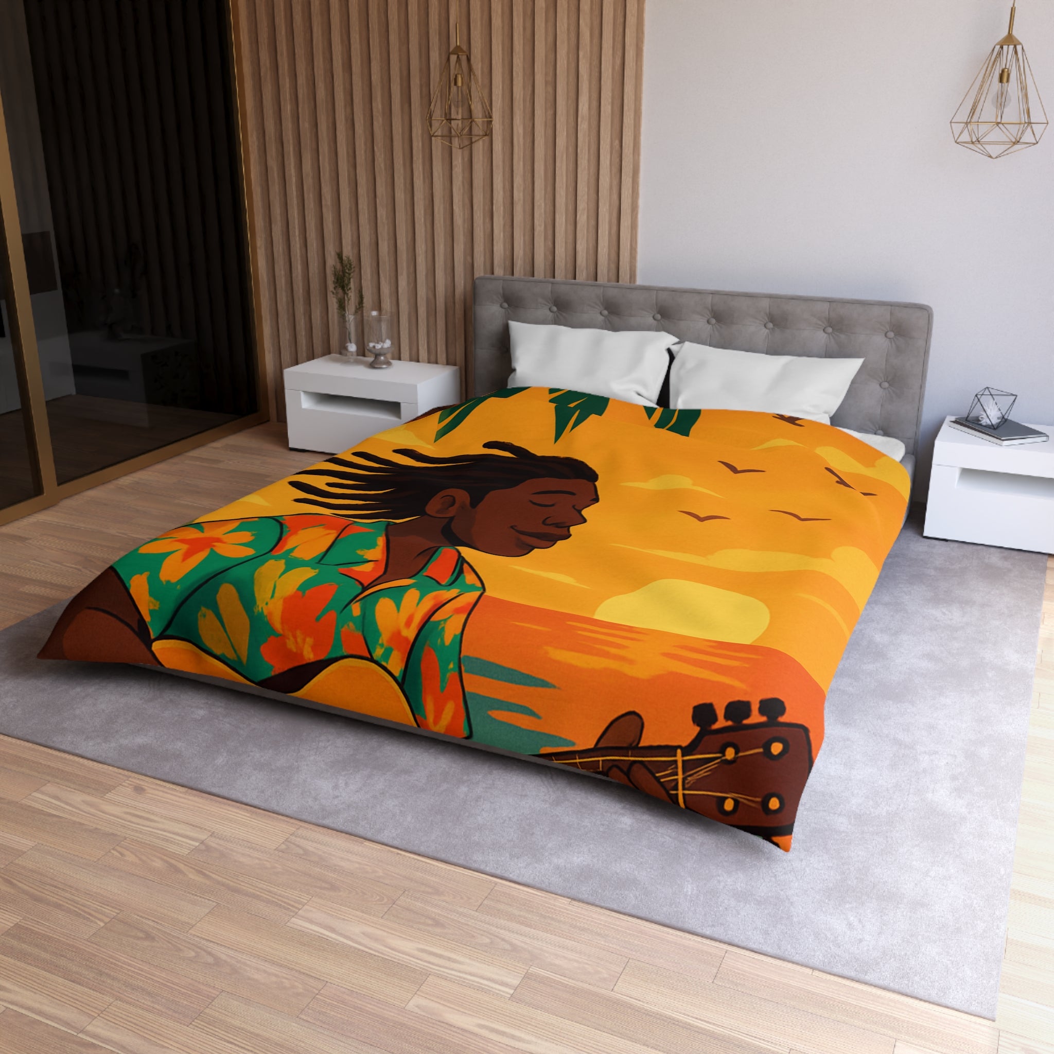 Housse de couette tropicale avec musique, coucher de soleil et palmiers exotiques pour chambre