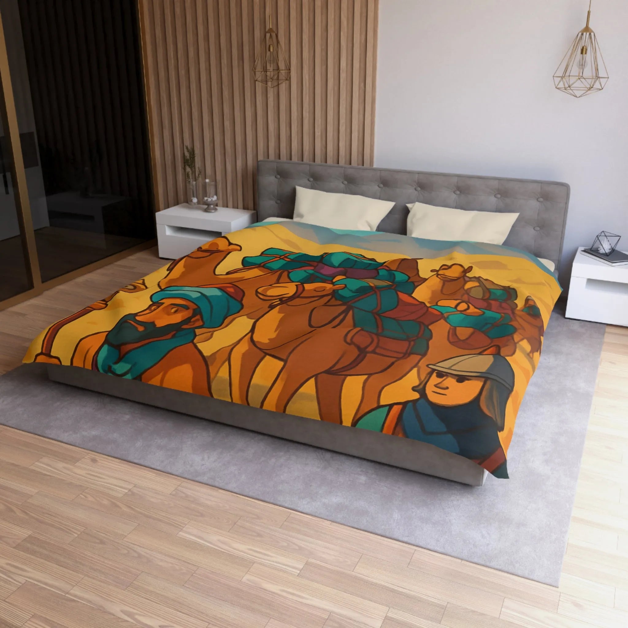 Housse de couette avec caravane de chameaux traversant un désert montagneux en arrière-plan