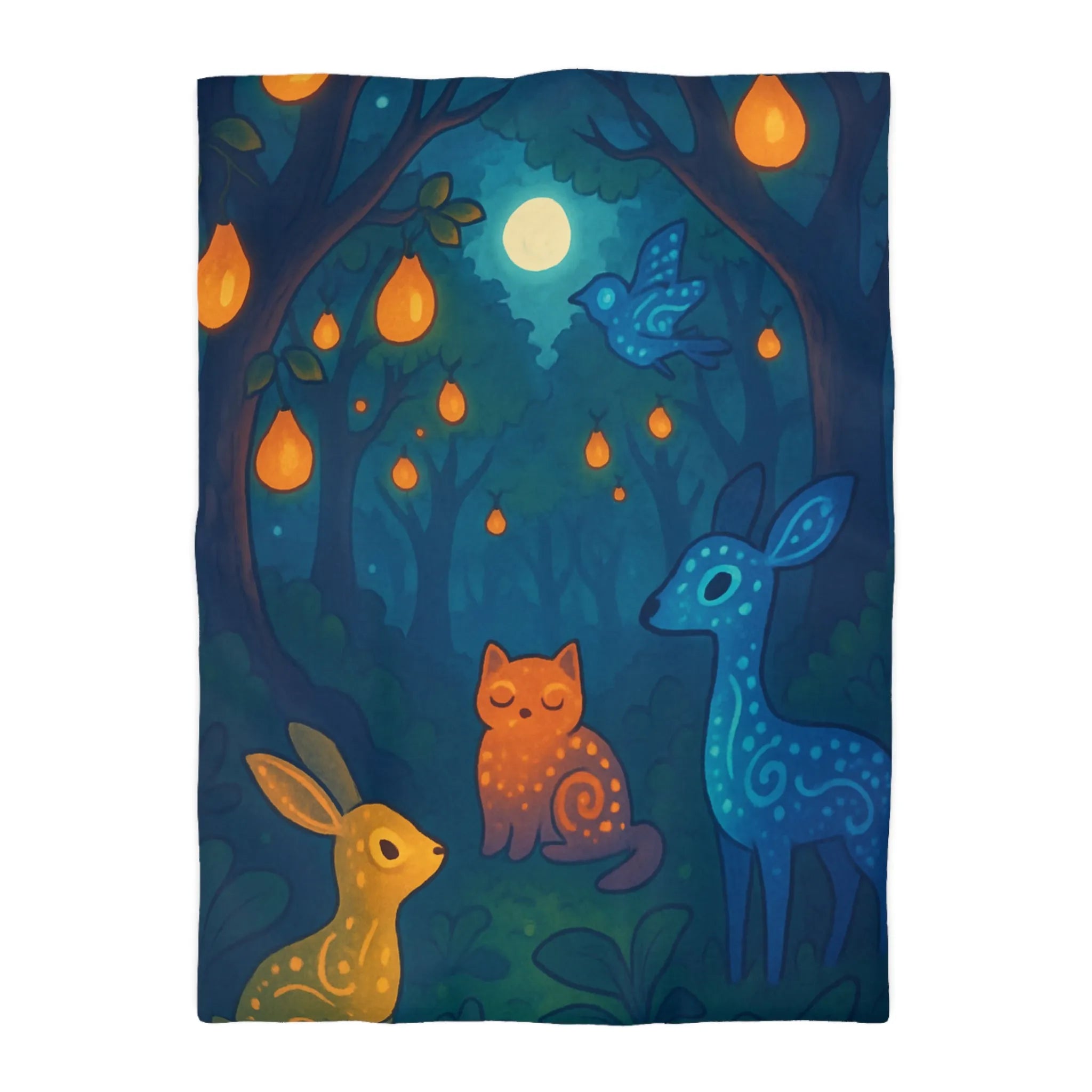 Housse de couette féerique avec animaux et forêt illuminée de lanternes magiques