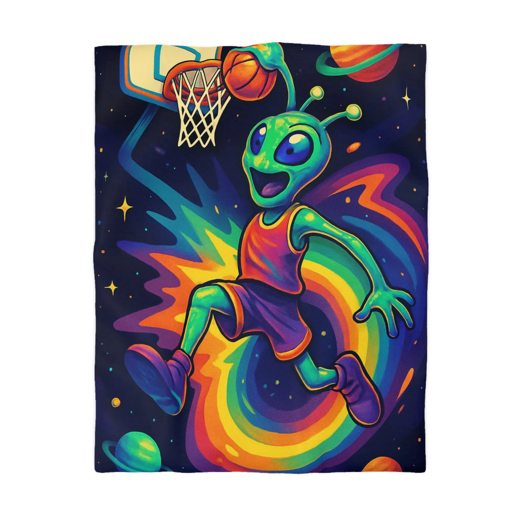 Housse de couette colorée avec alien jouant au basket dans l'espace intergalactique étoilé