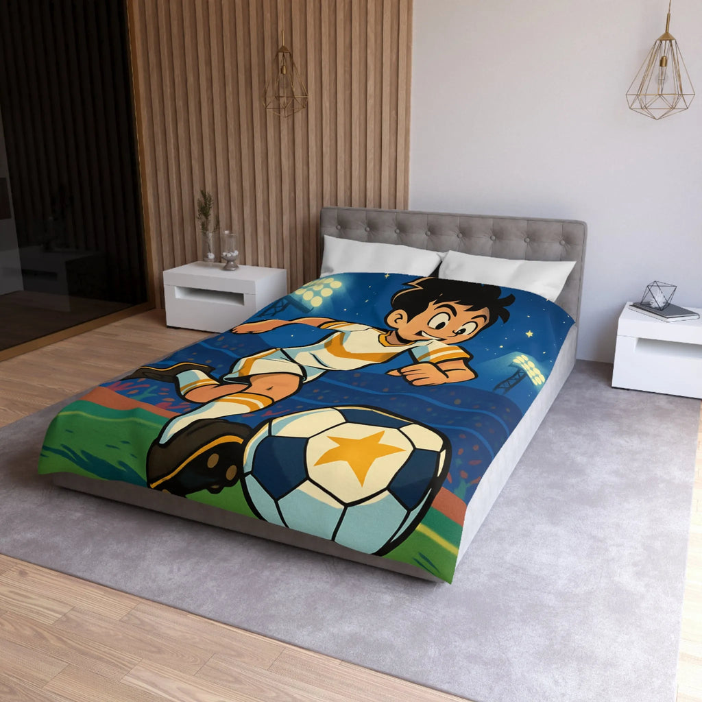 Housse de couette enfant avec joueur de foot stylisé sous ciel étoilé vibrant