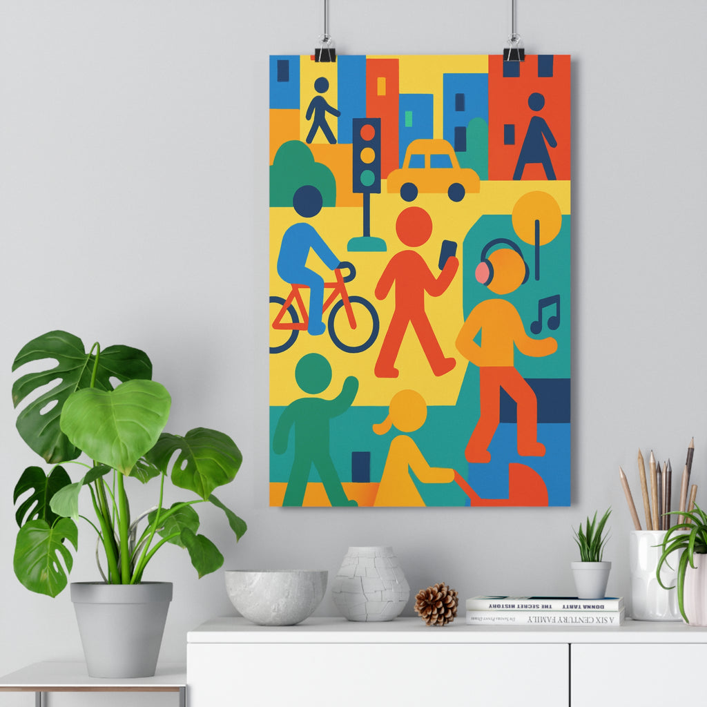 Poster décoratif moderne géométrique rouge bleu jaune vert urbain animé salon bureau ambiance dynamique