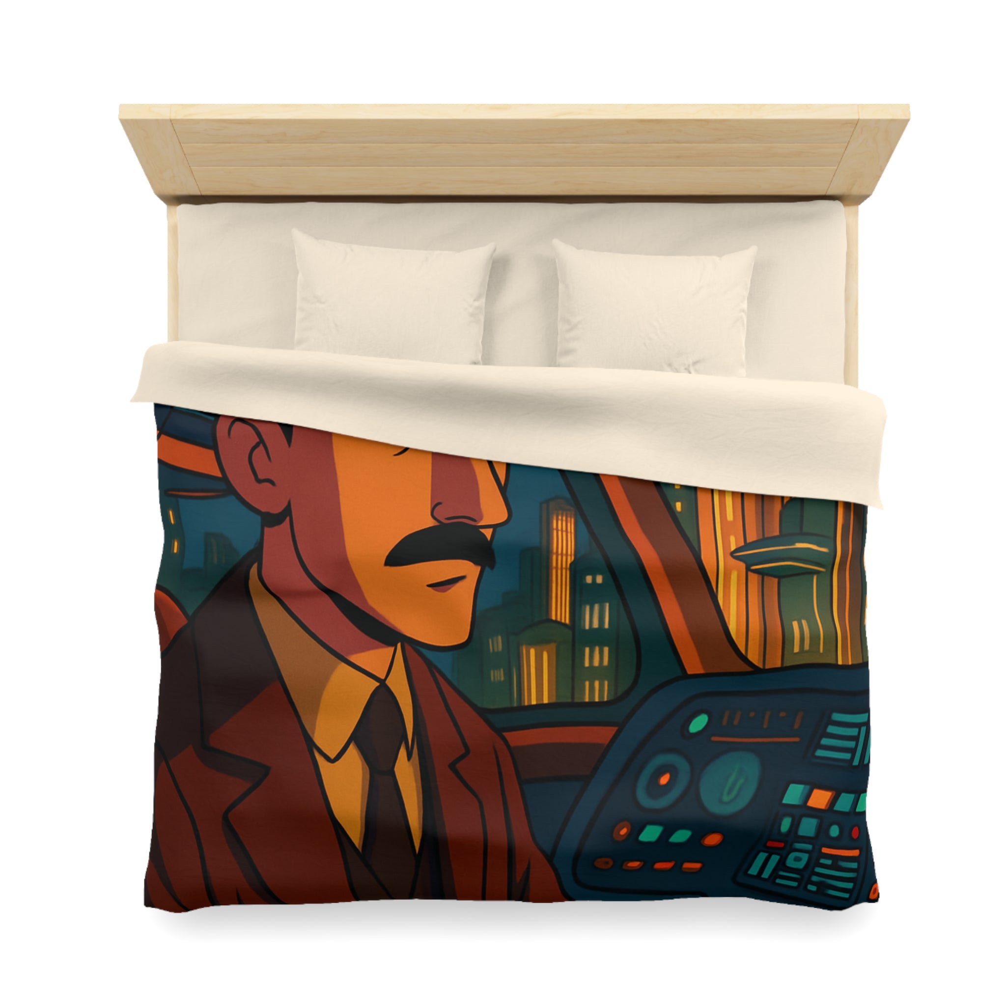 Housse de couette rétro-futuriste avec illustration de ville et pilote dans vaisseau