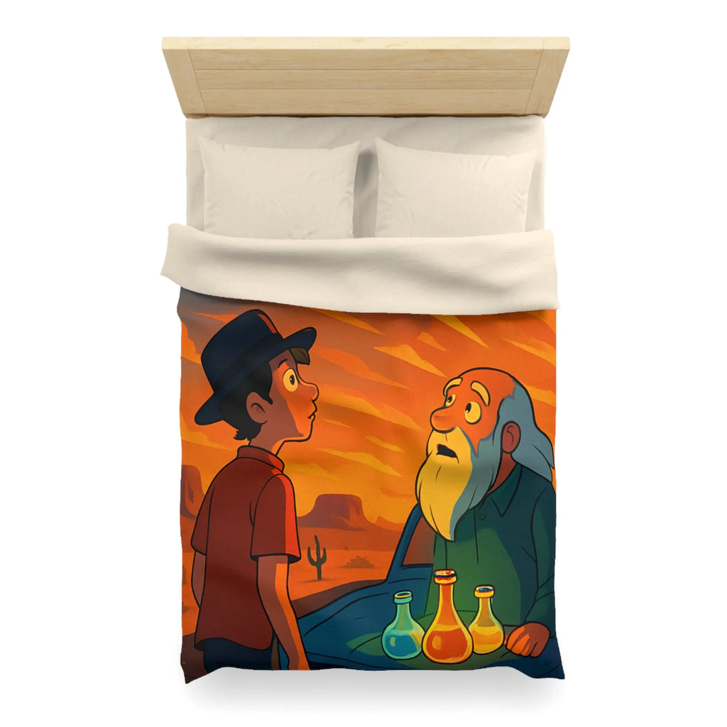 Housse de couette artistique coucher de soleil désertique avec flacons lumineux et personnages