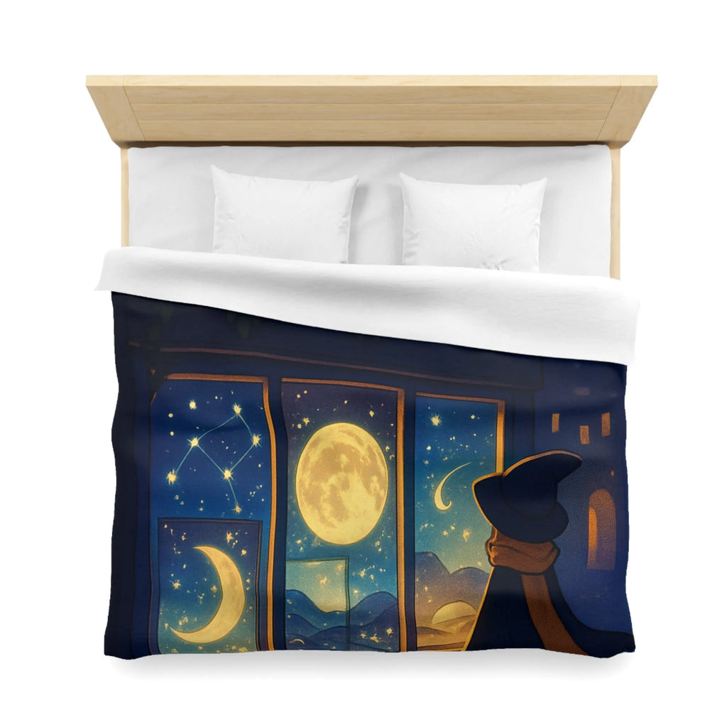 Housse de couette magique avec scène nocturne féerique, chat mystique et ciel étoilé
