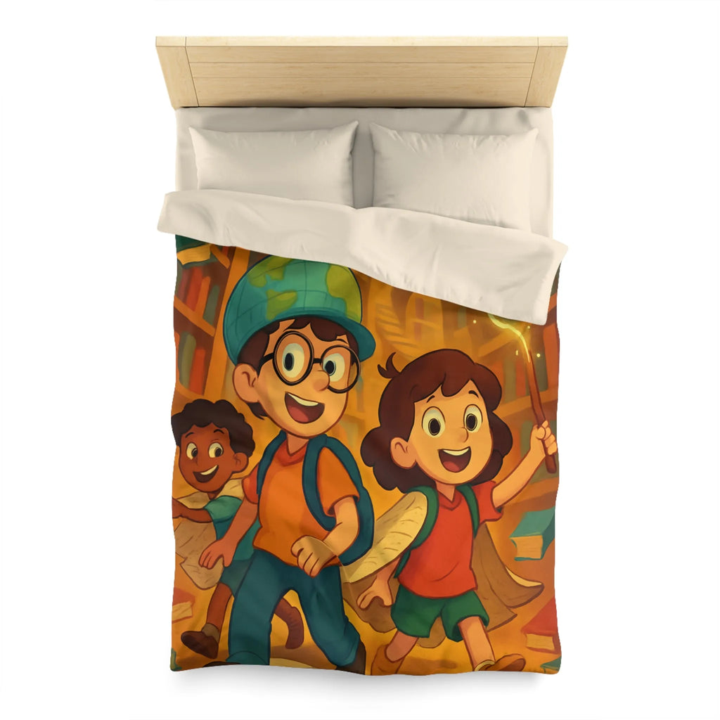 Housse de couette magique avec enfants explorant une bibliothèque enchantée et livres volants