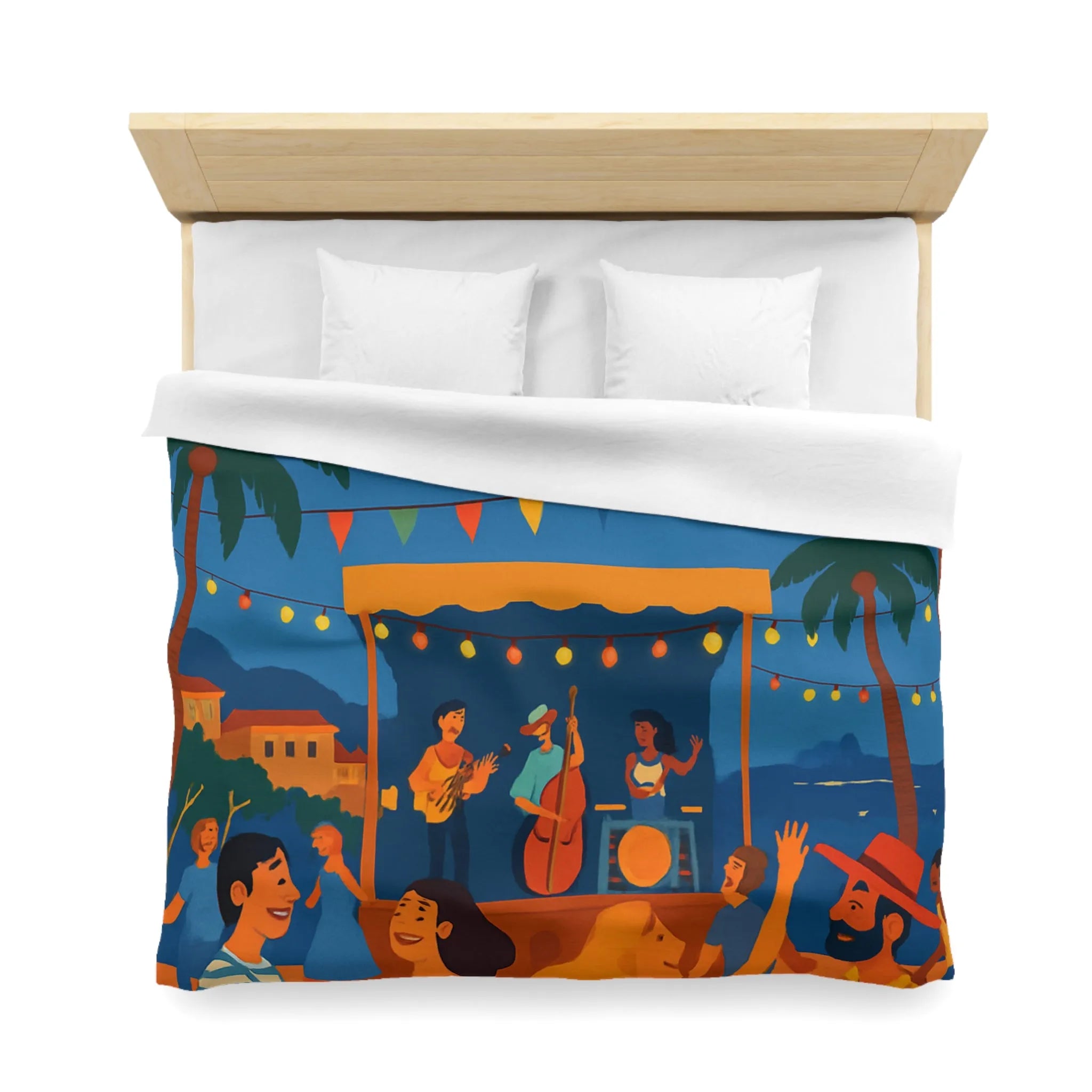 Housse de couette estivale scène festivale tropicale avec danseurs et lanternes lumineuses