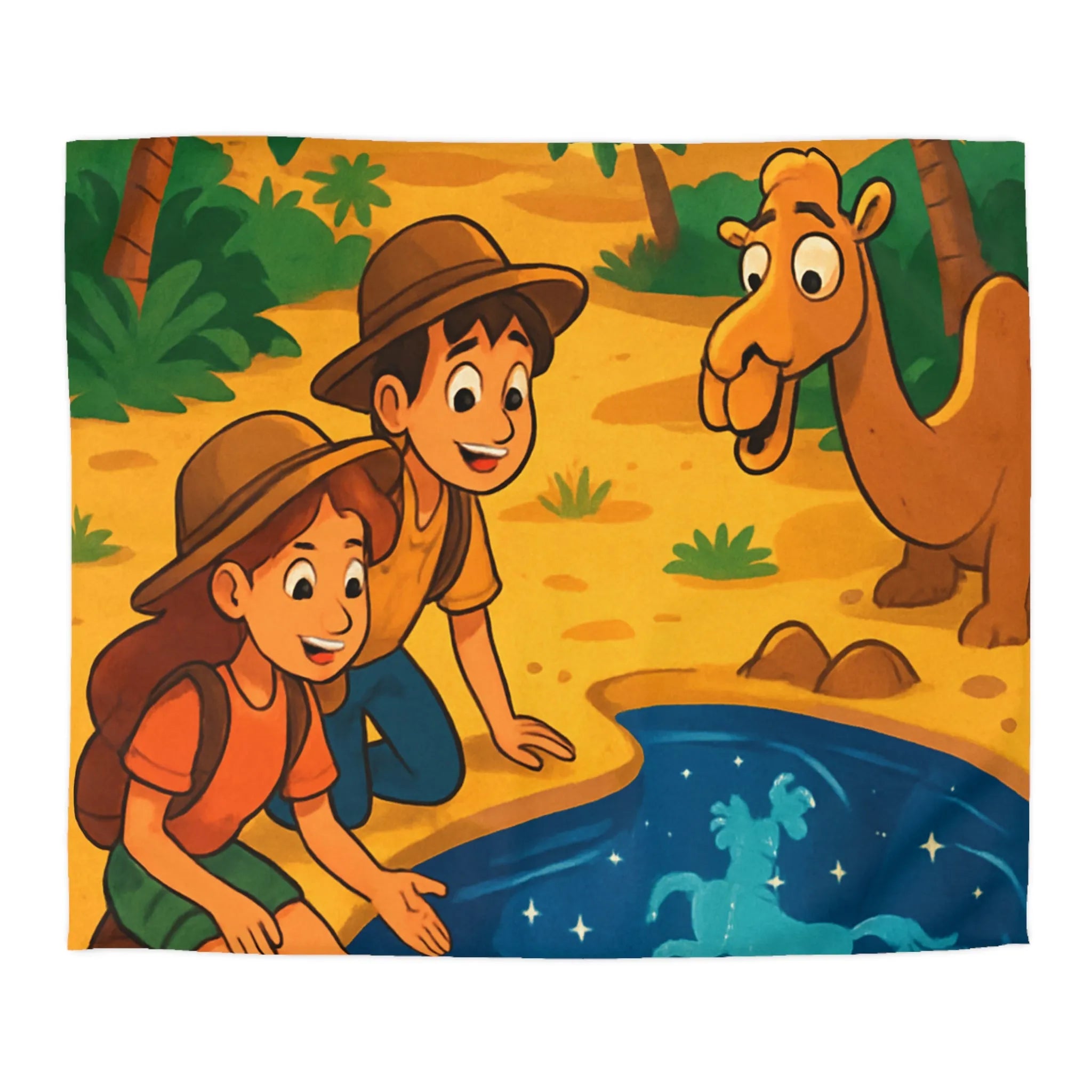 Housse de couette désert exotique enfants étoiles, animaux et aventuriers explorant oasis magique