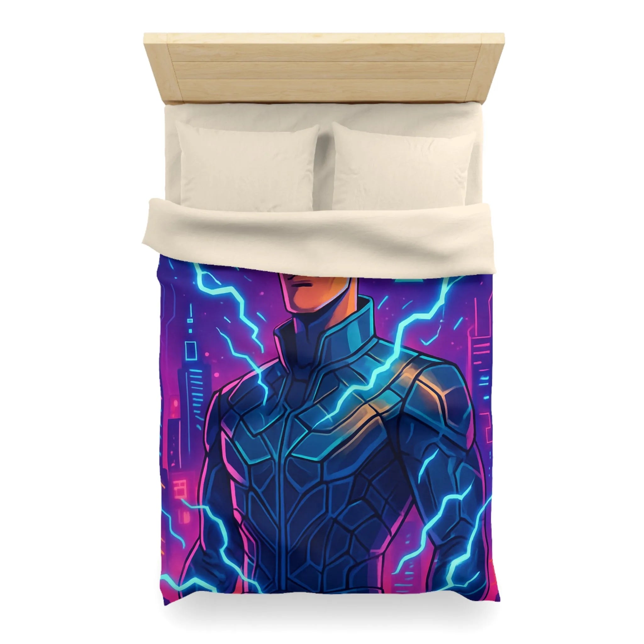 Housse de Couette Futuriste Cyberpunk avec Éclairs Électriques et Design Néon Énergétique