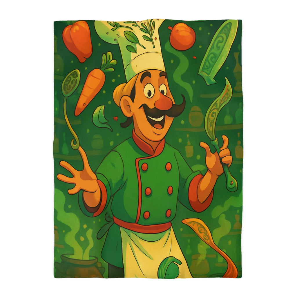 Housse De Couette Chef Cartoon Coloré Jonglant Avec Légumes Dans Cuisine Magique Verte
