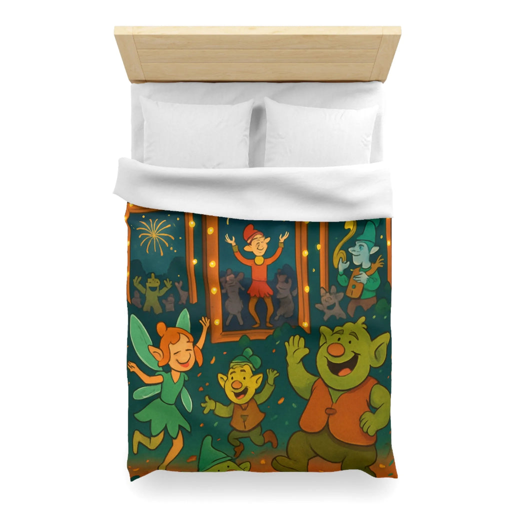 Housse de couette colorée avec lutins dans une fête enchantée sous feux d'artifice