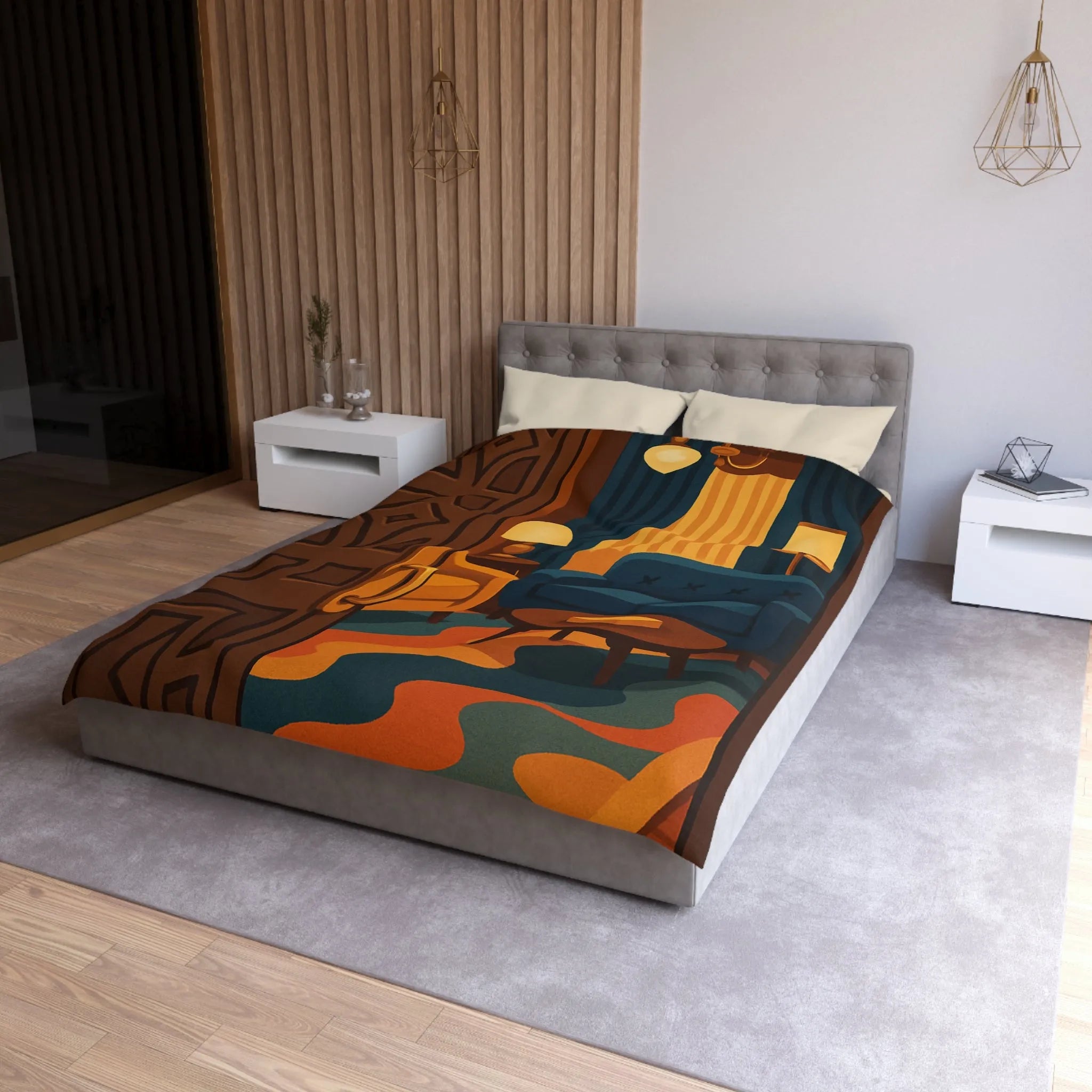 Élégante chambre rétro avec fauteuils modernes et rideaux en velours bleu nuit