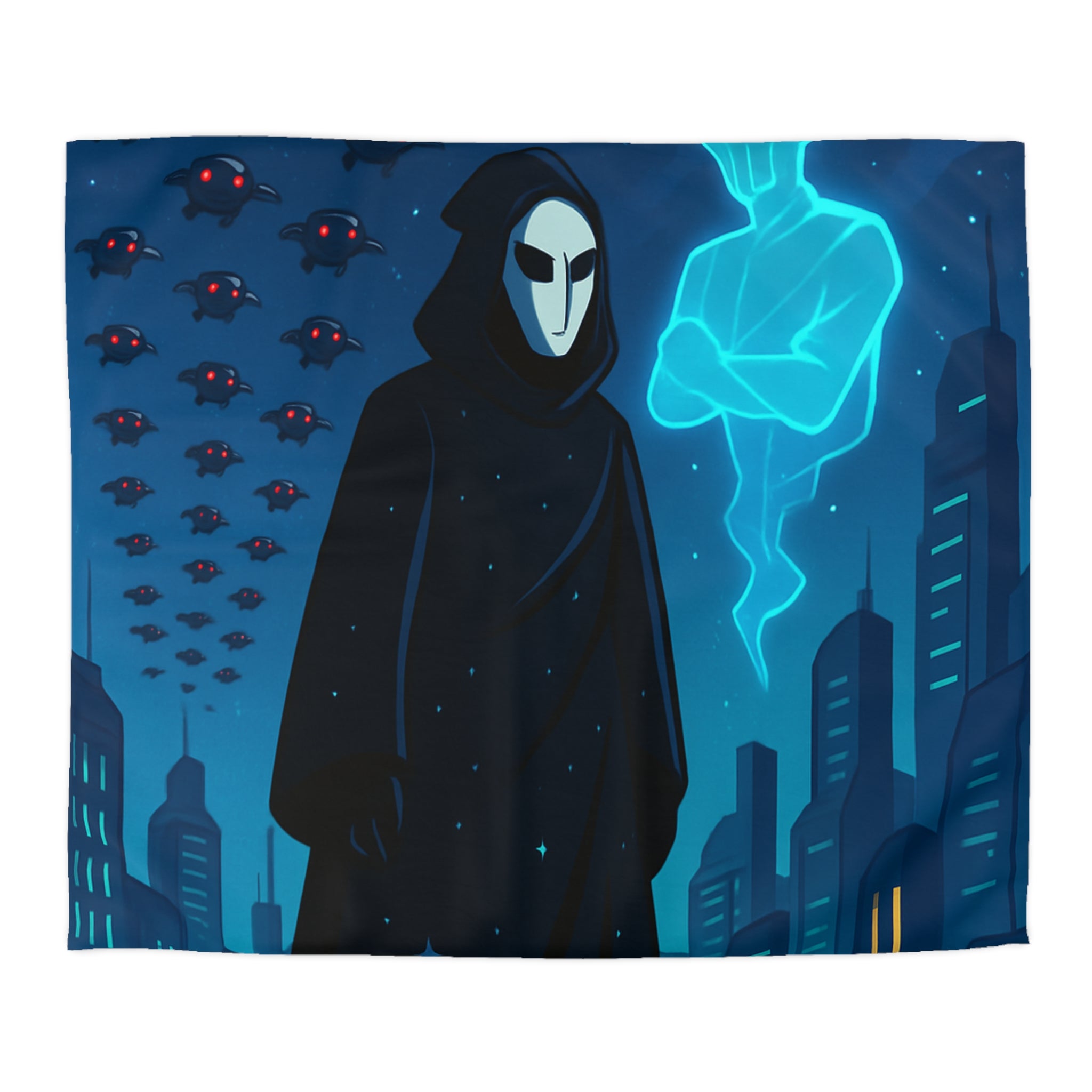 Housse de couette spatiale avec figure masquée et paysage urbain futuriste