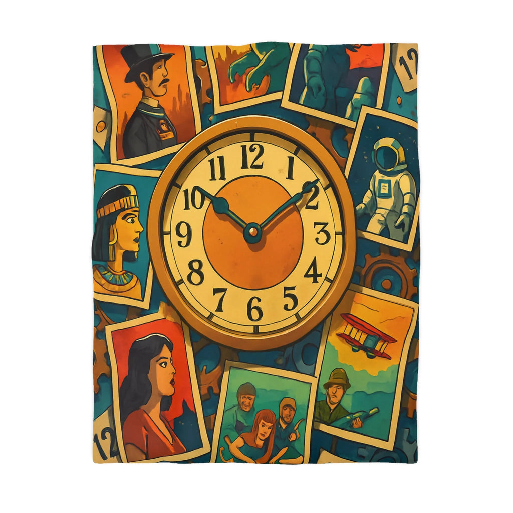 Housse de couette illustrant l'histoire colorée avec des figures emblématiques du temps et de l'espace