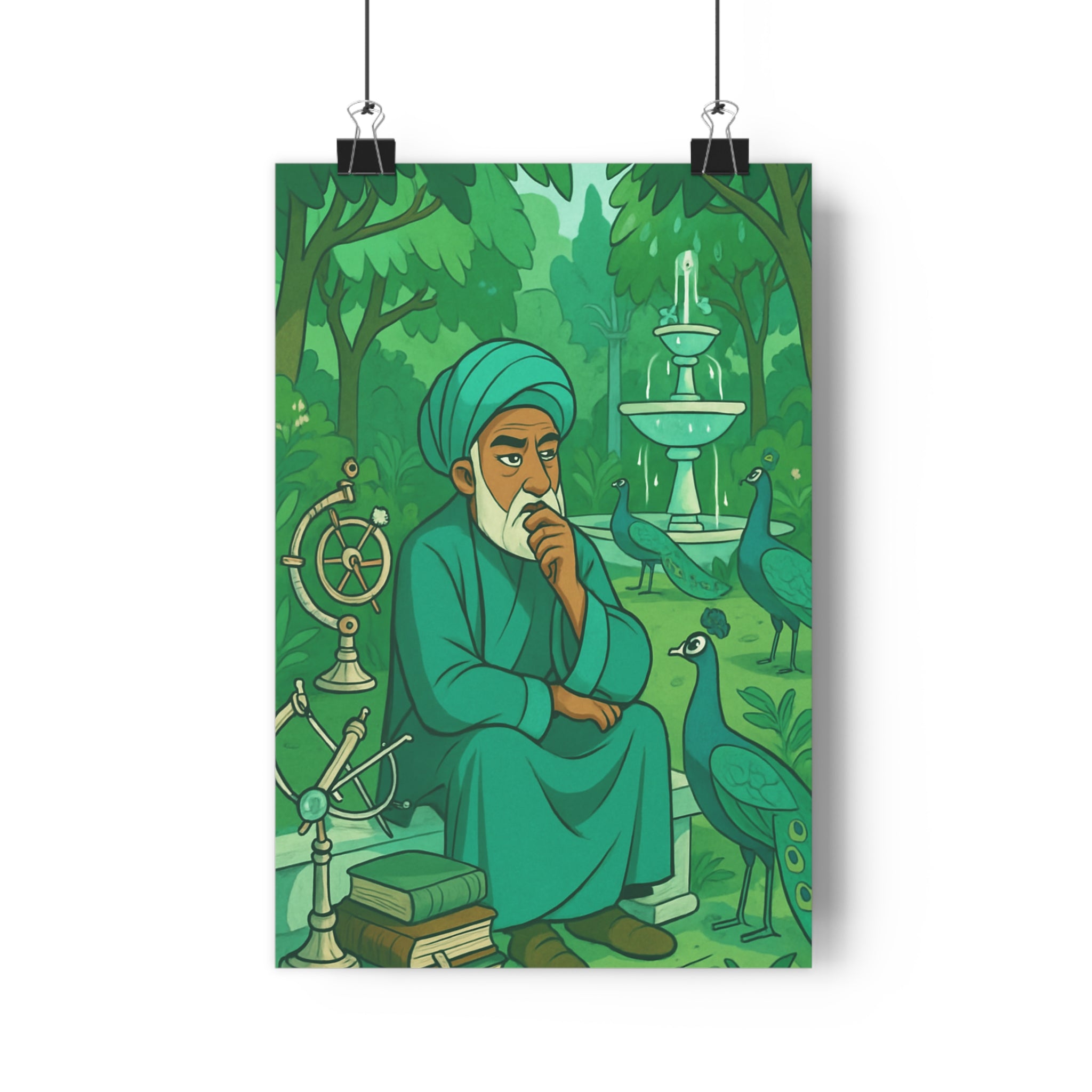 Poster décoratif cartoon vert serein jardin homme livres paons science instruments salon bureau qualité