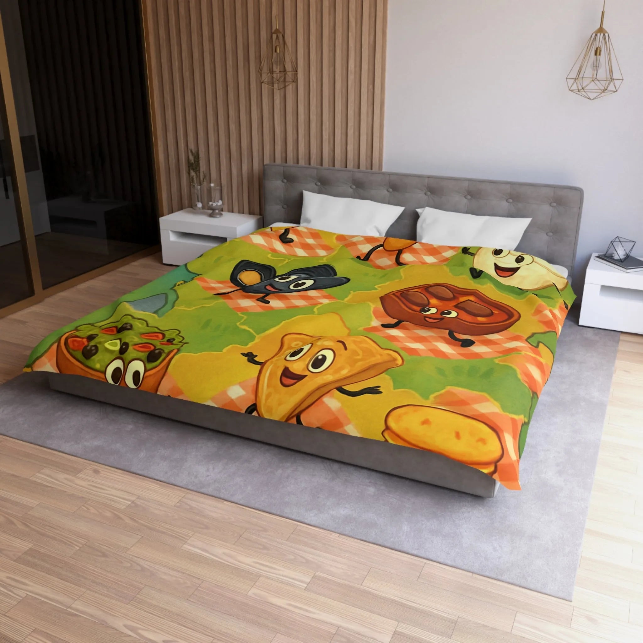 Housse de couette colorée avec motif ludique de spécialités culinaires françaises