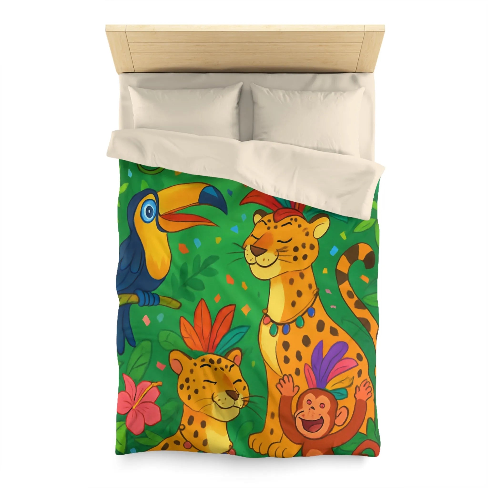 Housse de couette colorée avec animaux exotiques, motif jungle joyeux pour chambre enfant