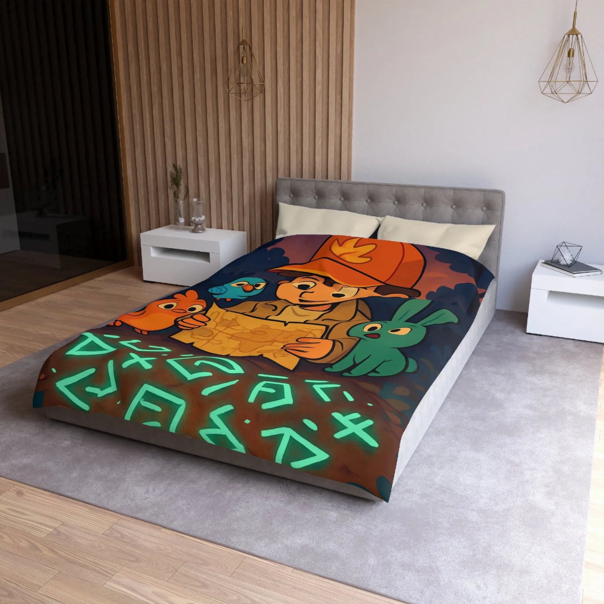 Housse de Couette Enfantine avec Animaux et Carte Lumineuse dans Forêt Mystérieuse