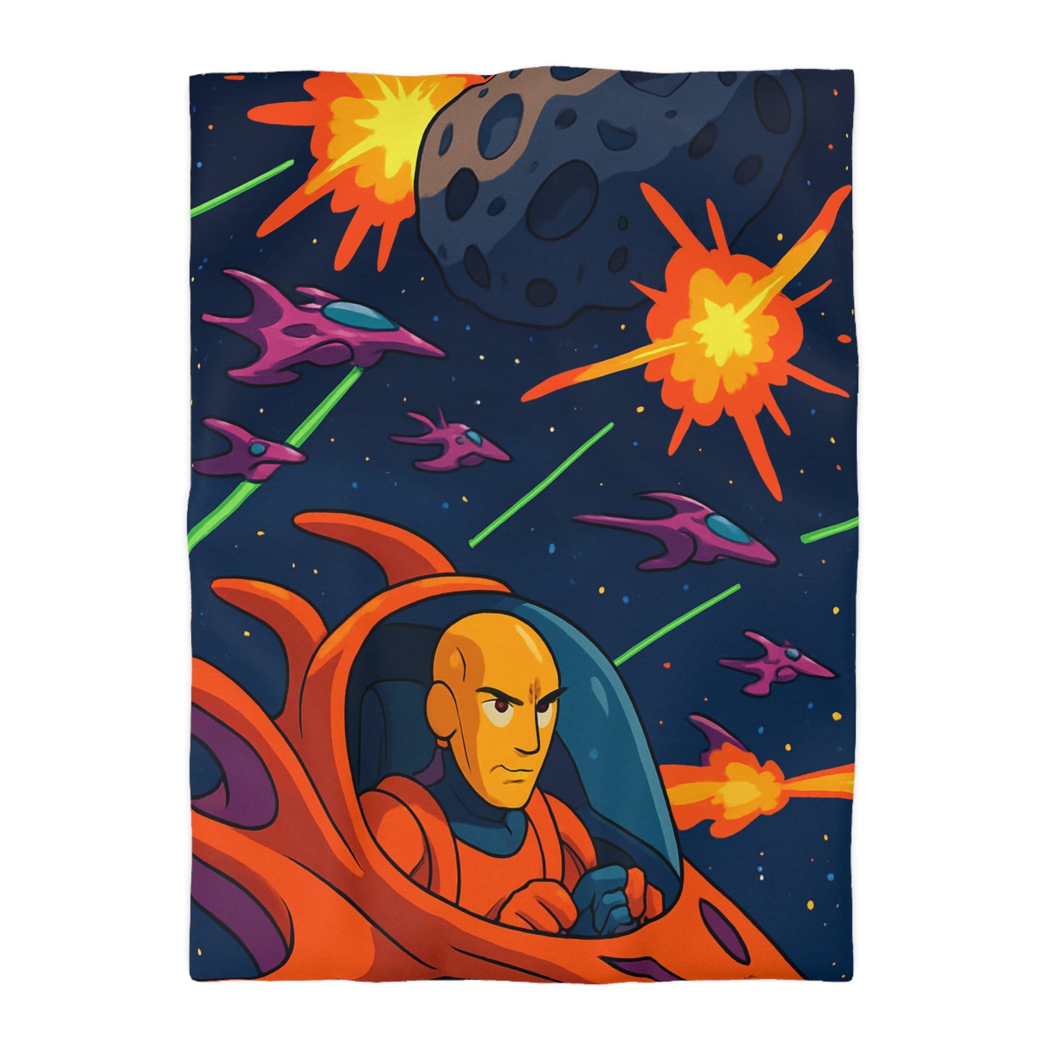 Housse de couette style rétro avec vaisseaux spatiaux et astéroïdes en explosion