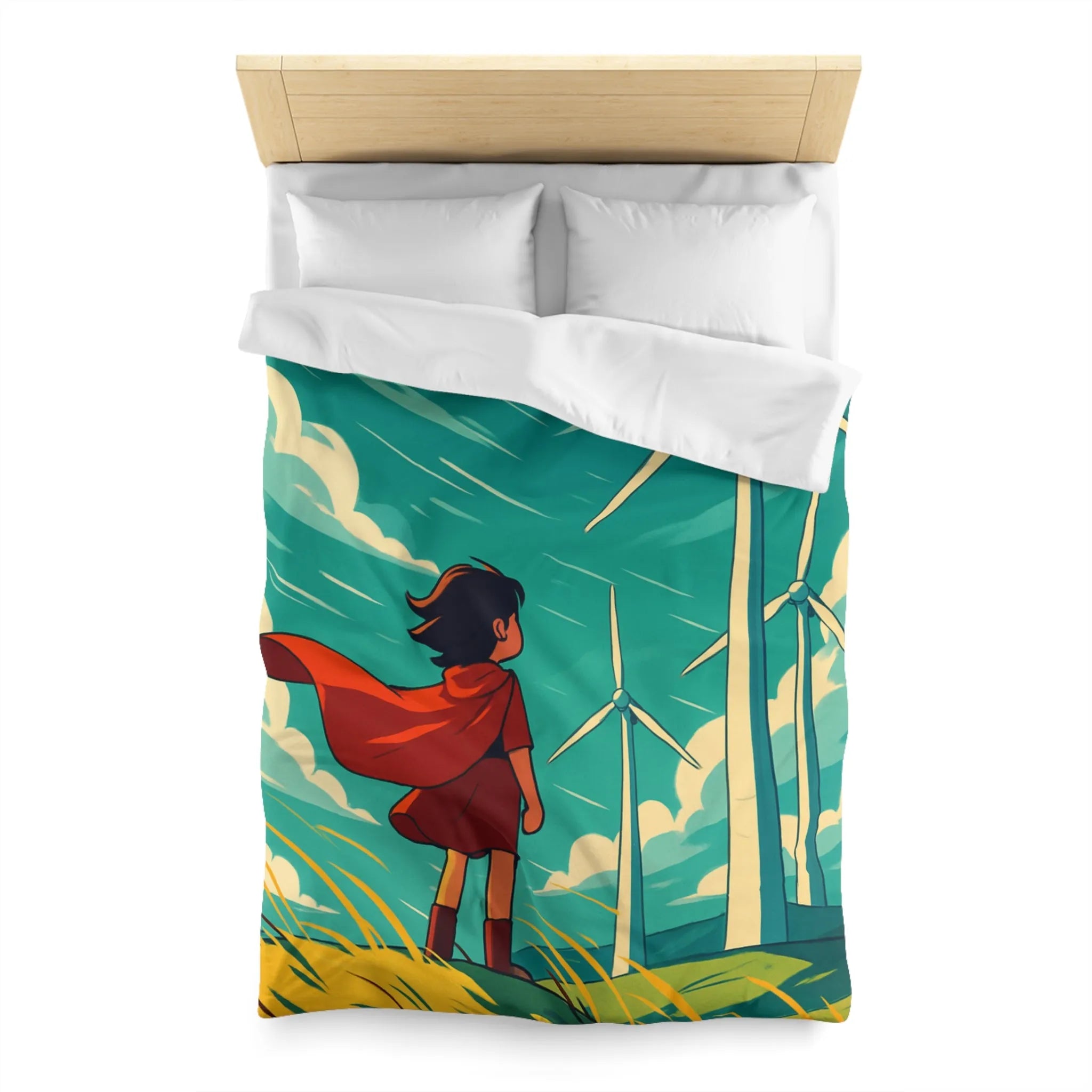 Housse de Couette Enfant avec Éoliennes et Paysage Venté Rouge et Bleu