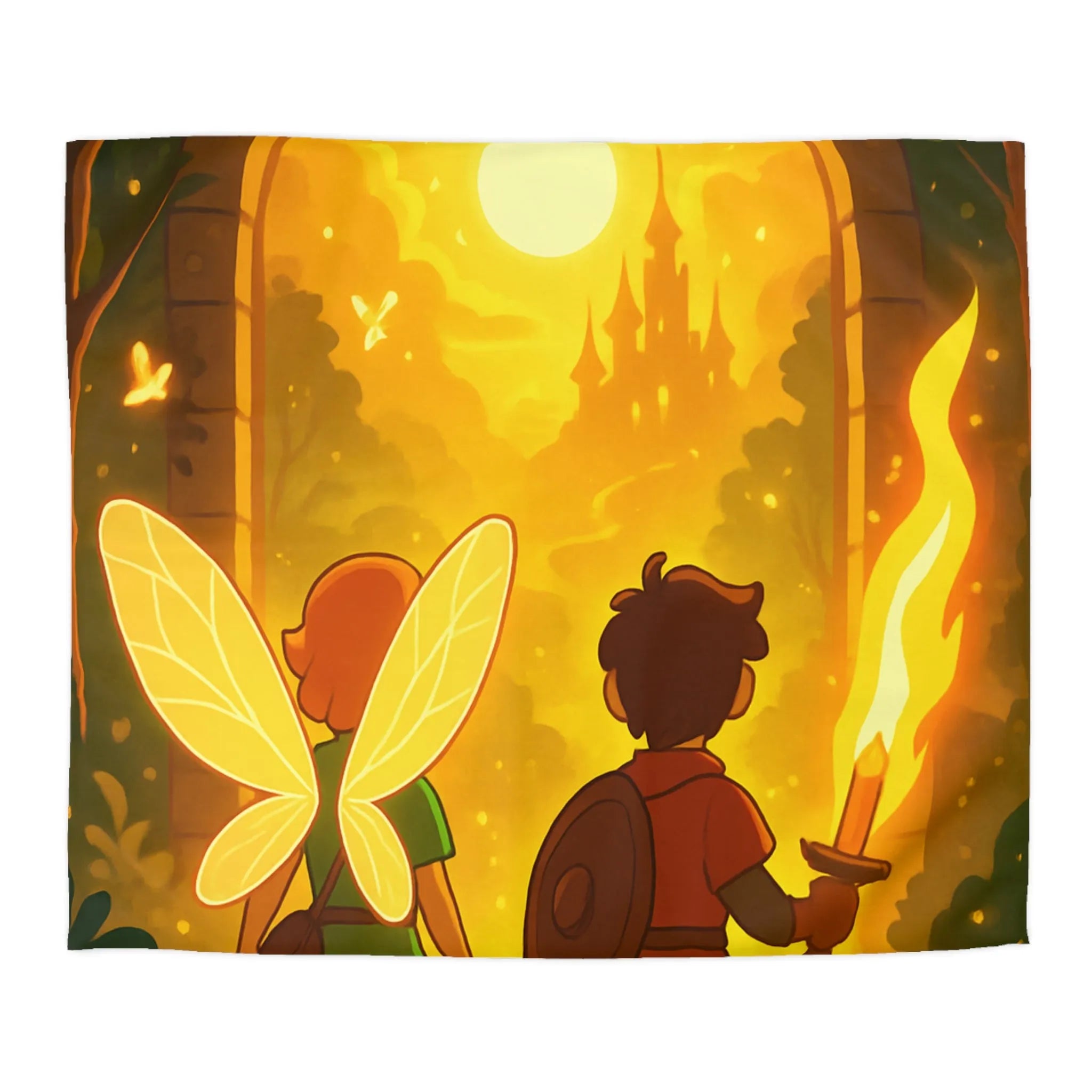 Housse de couette féerique avec fées et aventuriers dans une forêt enchantée magique