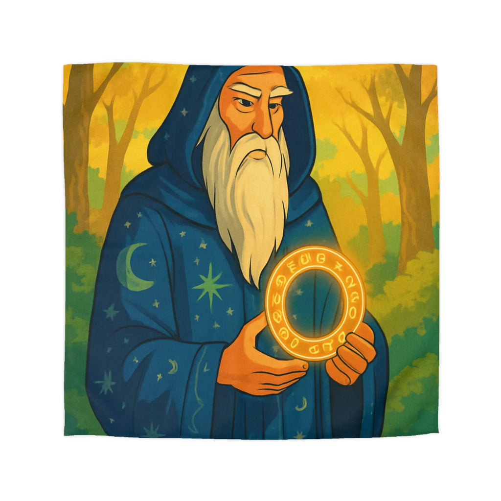 Housse de couette enchantée avec mage en forêt et cercle lumineux mystérieux