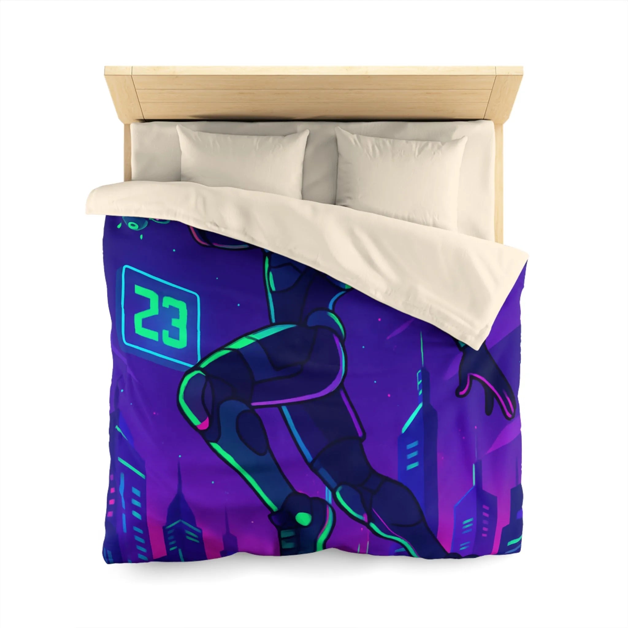 Housse de Couette Futuriste avec Robot Jouant au Basketball Lumineux dans Ville Néon