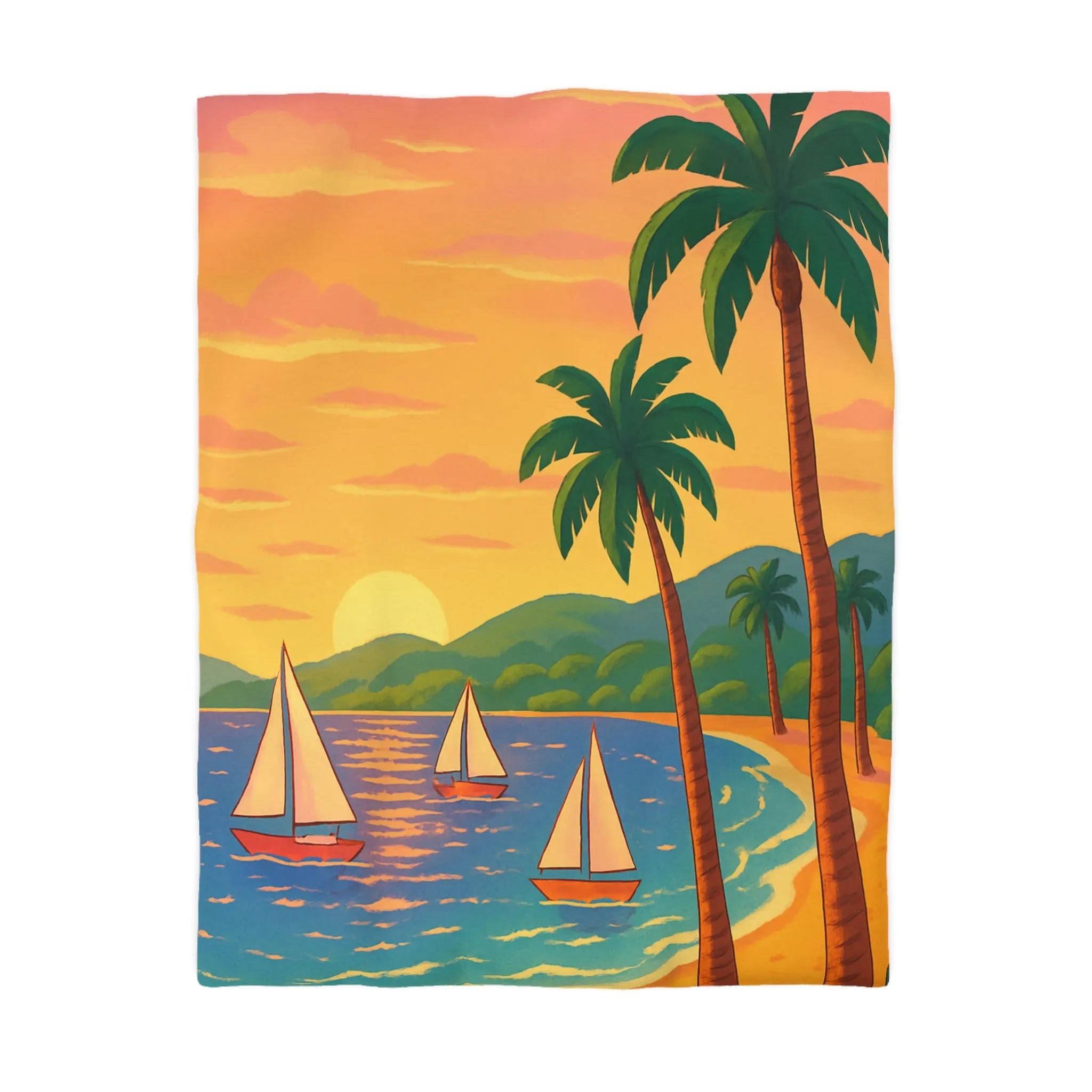 Housse de couette avec motif tropical, plage, palmiers et voiliers au coucher de soleil