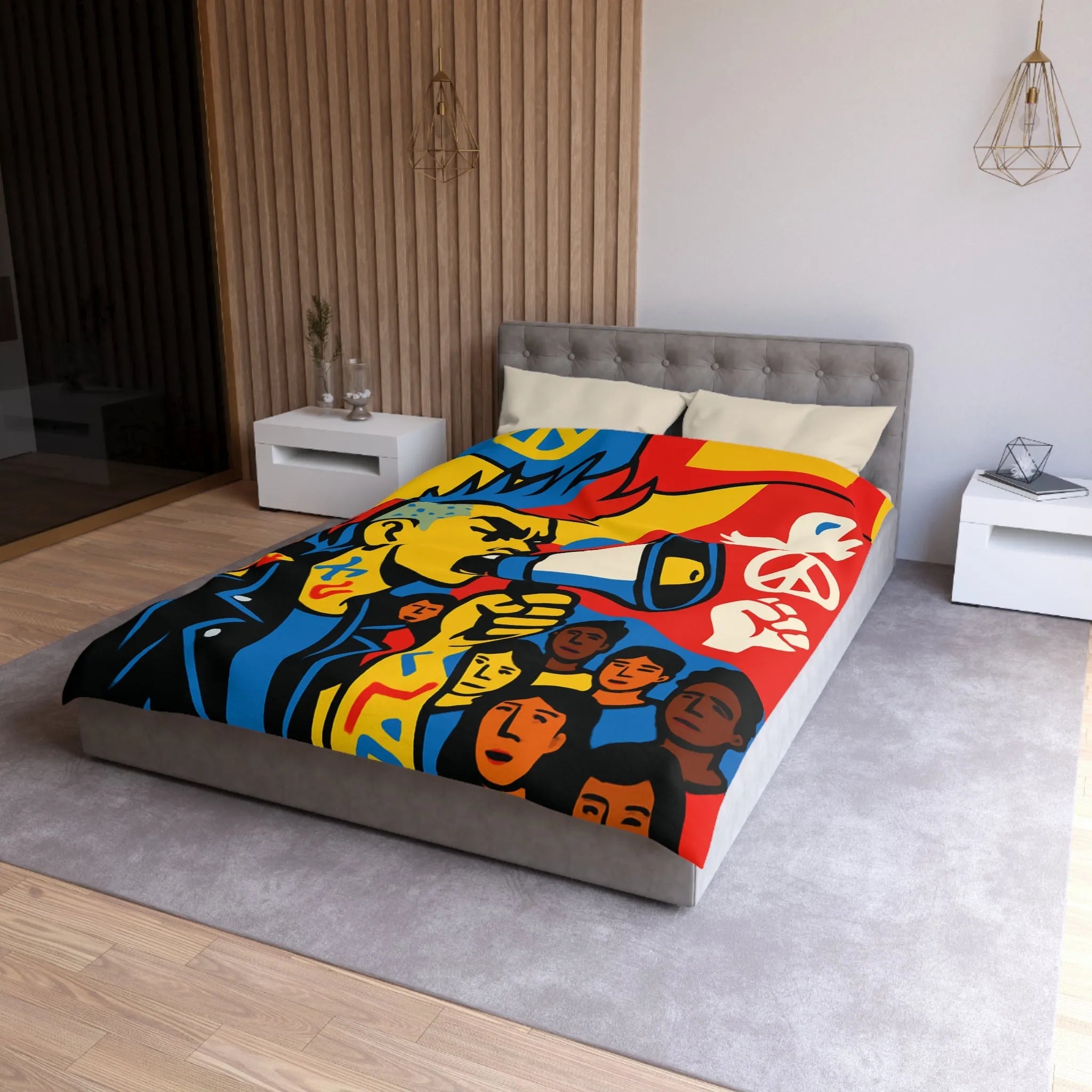 Housse de couette colorée avec illustration dynamique de manifestant engagé pour la paix