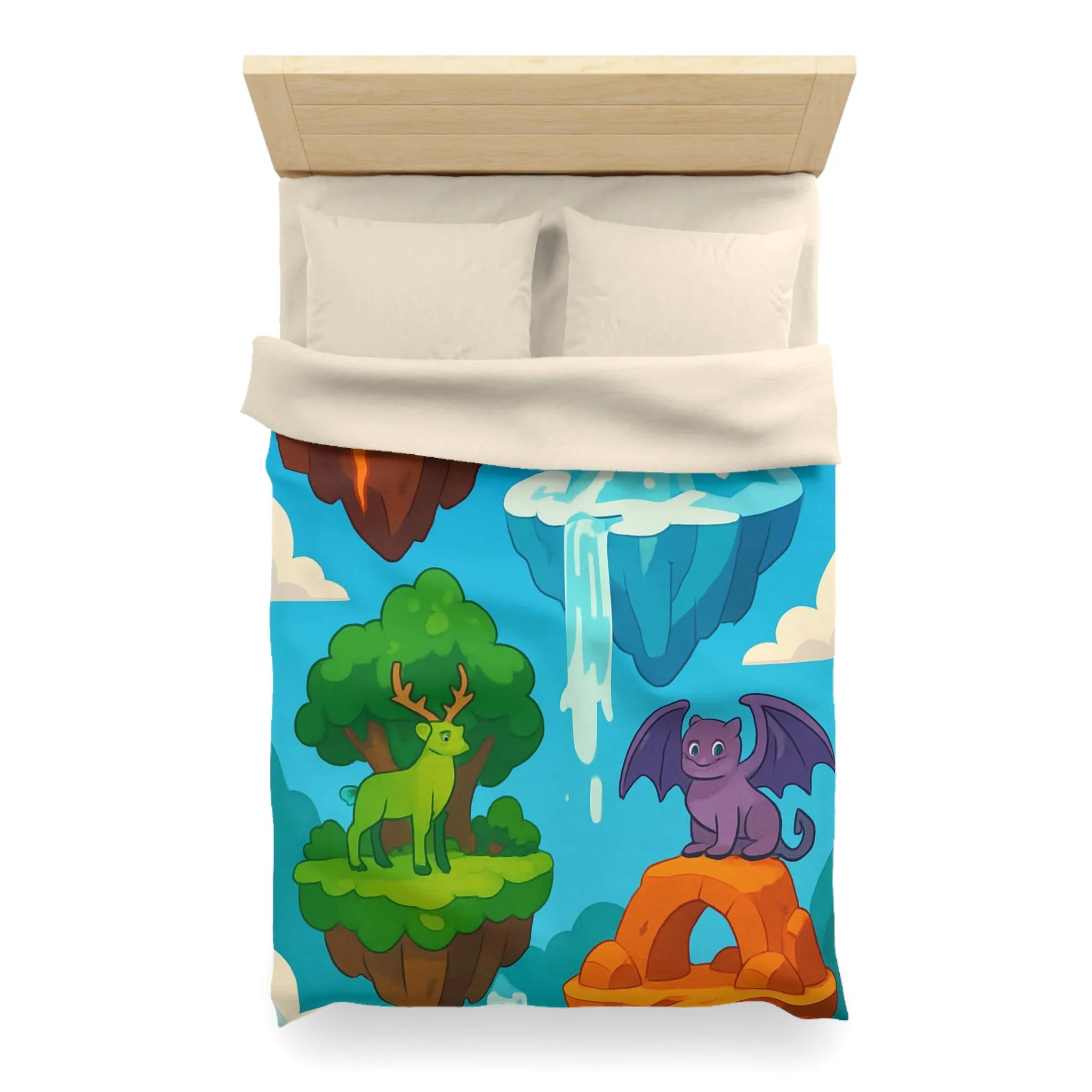 Housse de couette fantasy avec îles flottantes et créatures magiques colorées