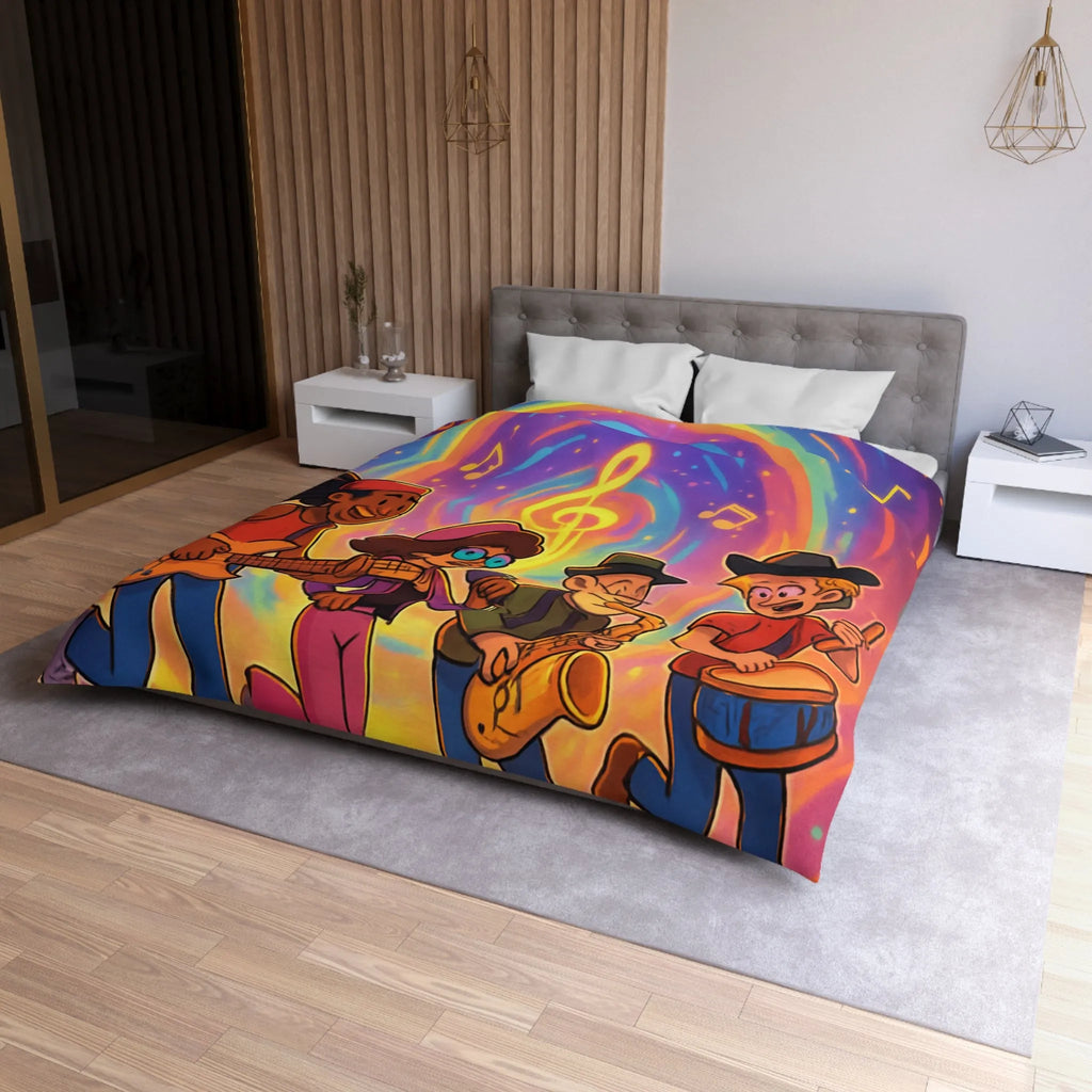 Housse de couette animée avec quatre musiciens et notes colorées en spirale lumineuse
