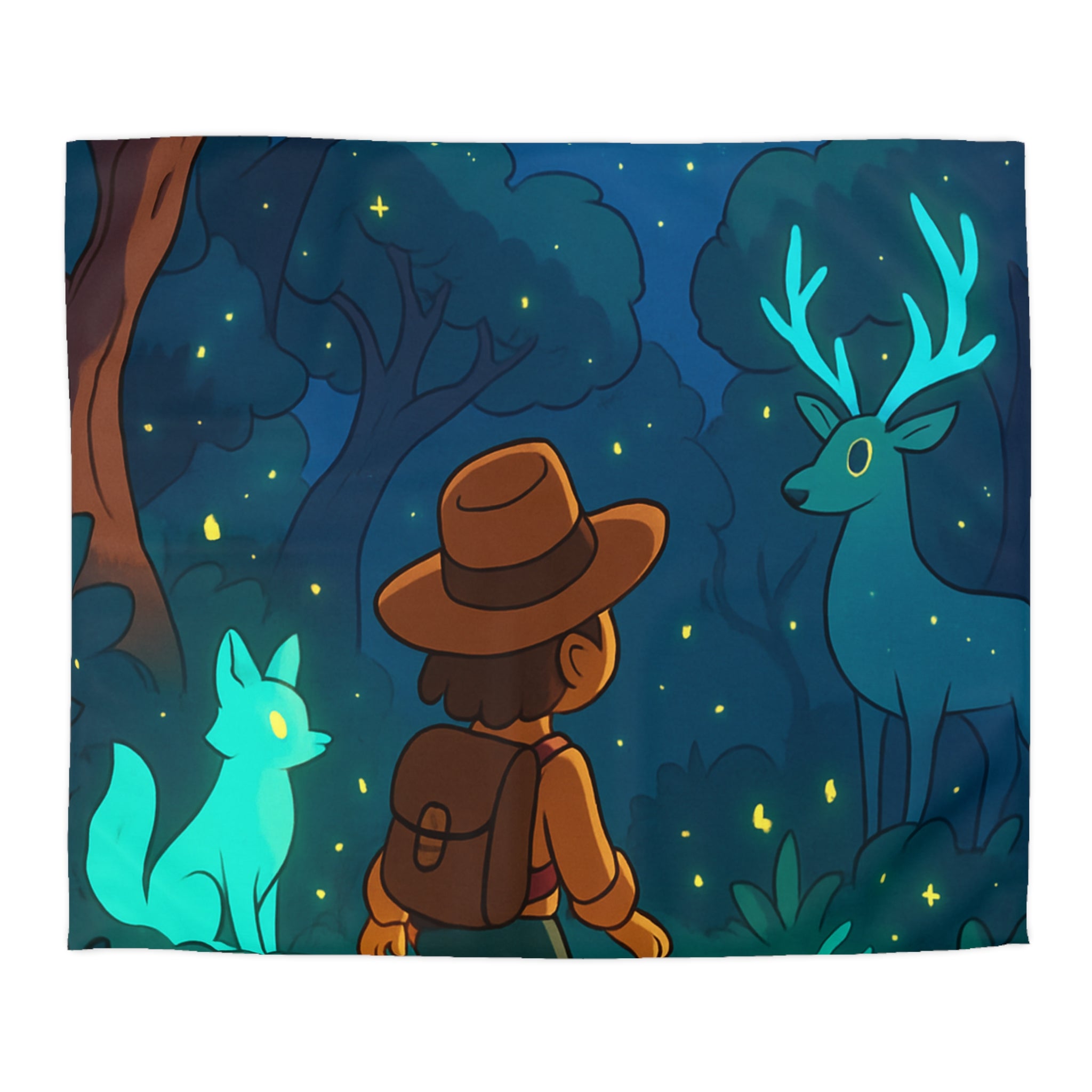 Housse de couette paysage nocturne avec renard et cerf mystiques sous la lune