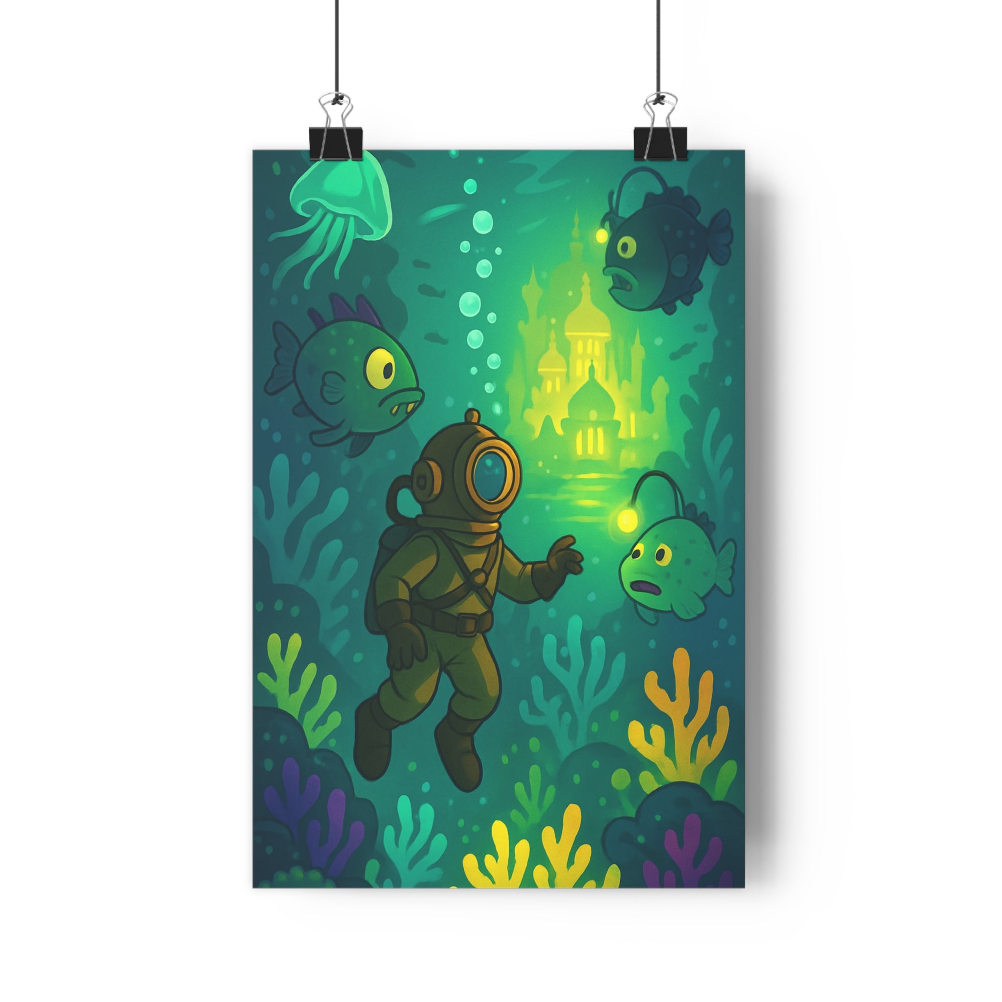 Poster décoratif océan cartoon vintage bleuvert jaune chambre enfant rêve apaisant mystérieux aventure plongeur
