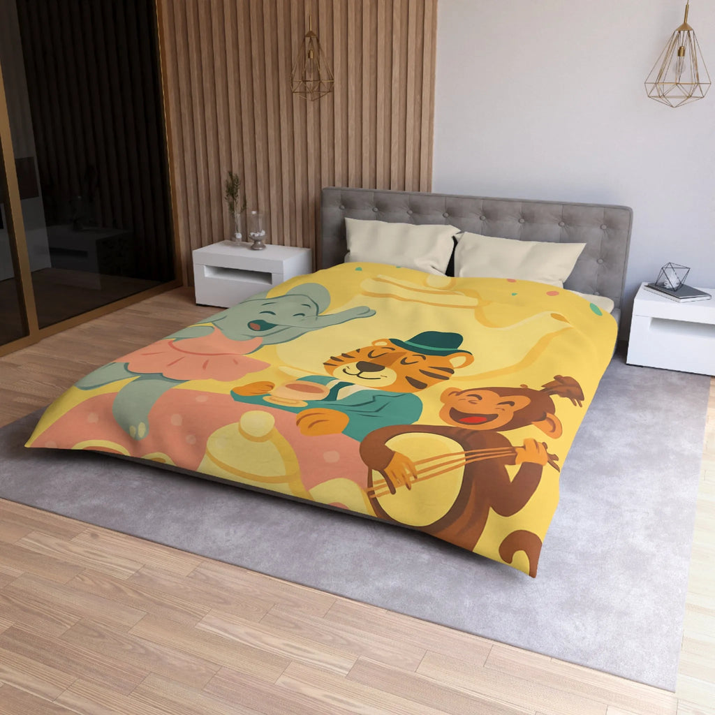 Housse de couette enfantine colorée avec éléphant, tigre et singe en fête joyeuse