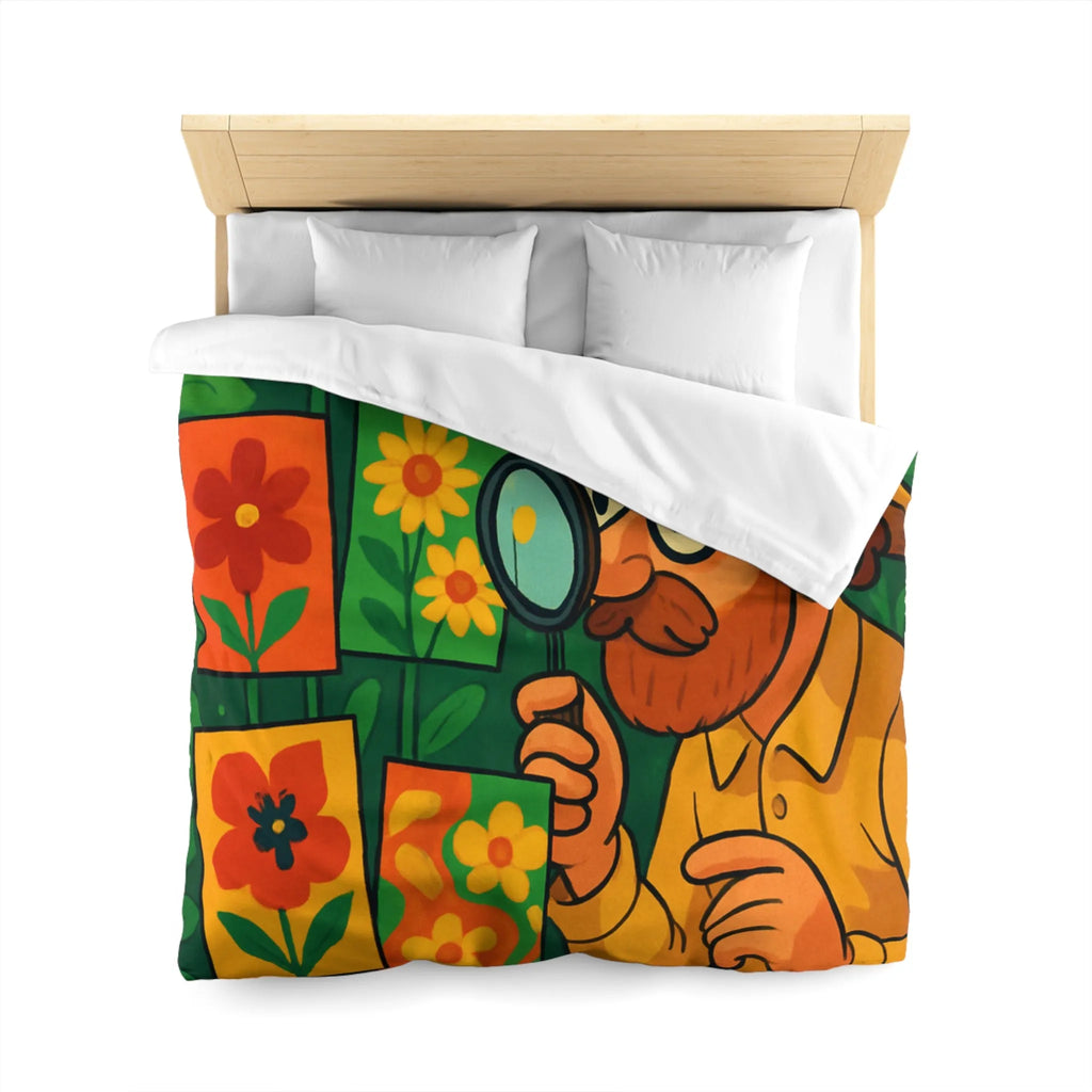 Housse de couette florale colorée avec botaniste examinant des illustrations en pleine nature