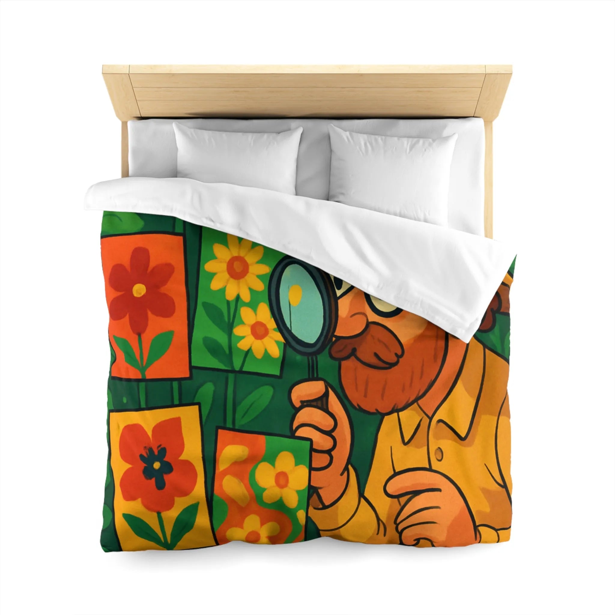 Housse de couette florale colorée avec botaniste examinant des illustrations en pleine nature