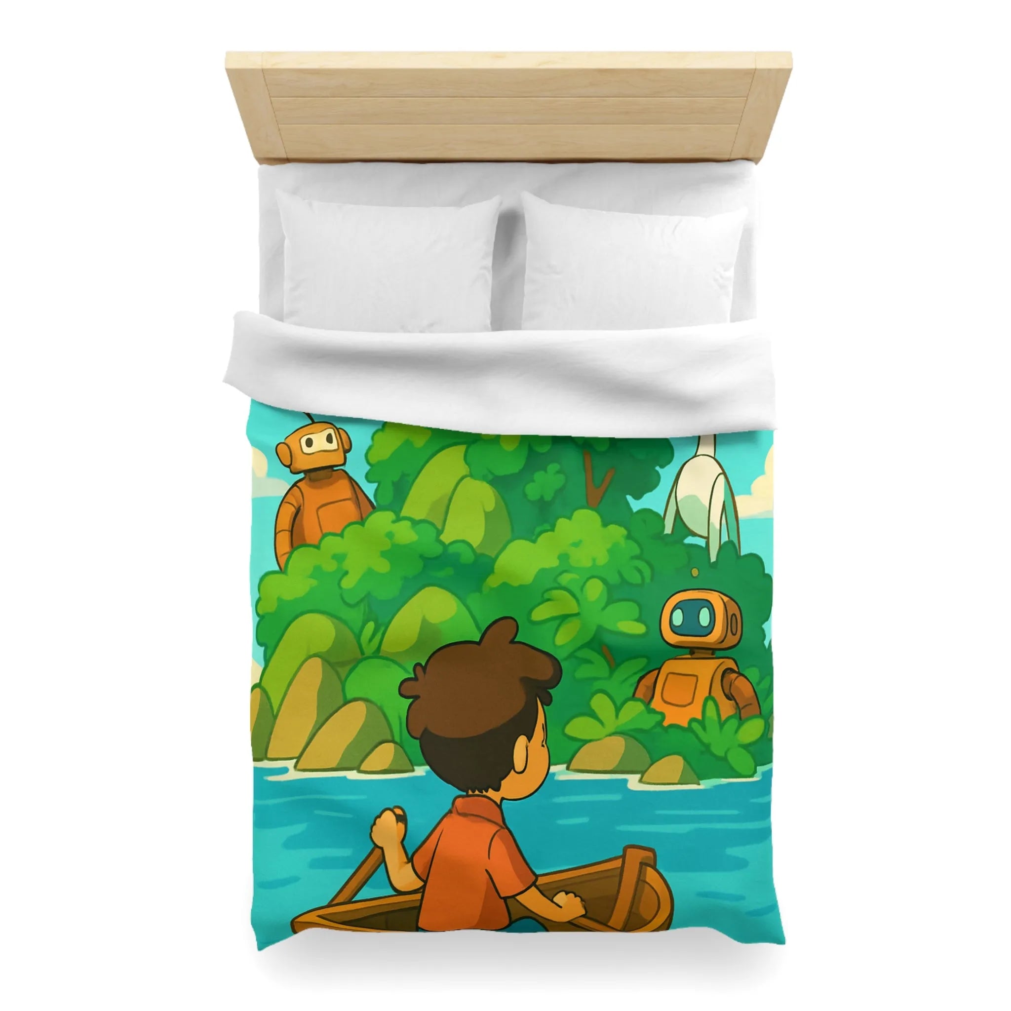 Housse de couette avec robots ludiques et enfant en bateau sur lac serein