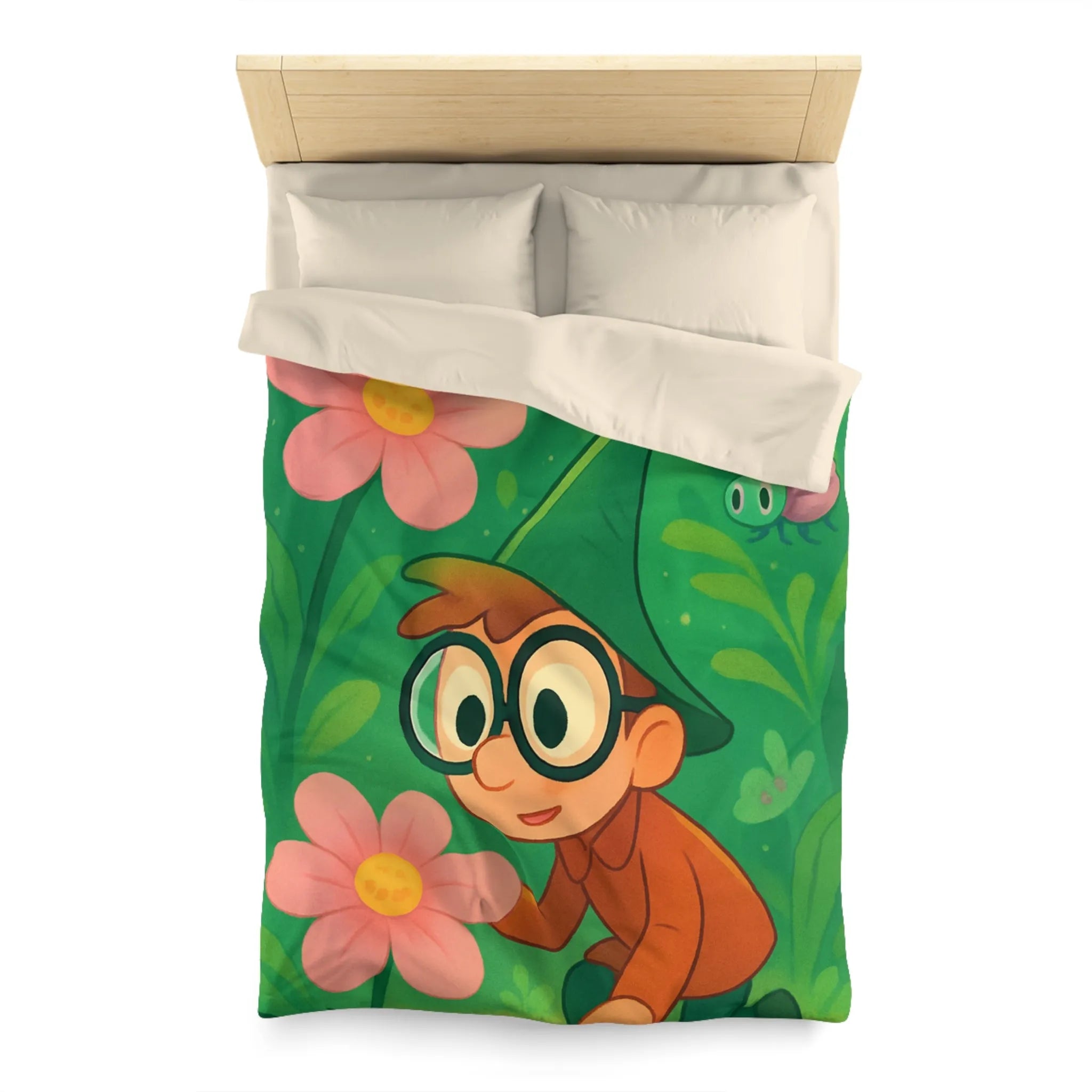 Housse de couette enfants magique jardin avec garçon et fleurs papillon colorés