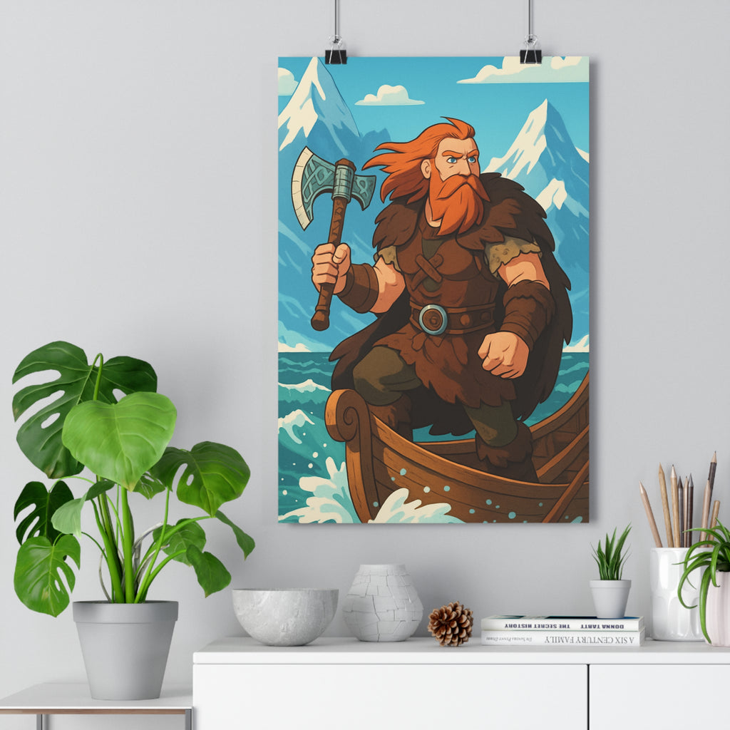 Poster décoratif viking cartoon aventure épique rouge bleu nordique guerrier chambre bureau dynamique bois